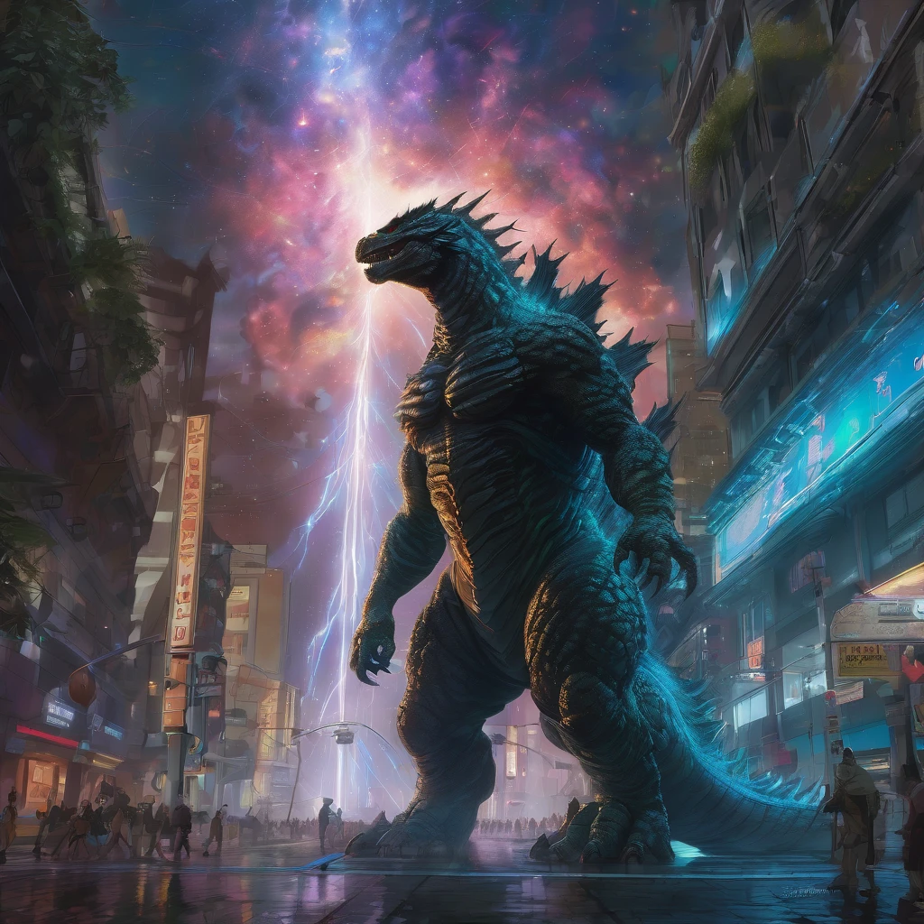 Godzilla, aesthetic, christzilla, epic scene, colors, holy, full body, galaxy, and, stars, atmosphere, unreal engine, pixar, video game, ethereal, insanely detailed, symmetrical, concept art, peter mohrbacher, charlie bowater, artstation, cinematic, video game, digital painting