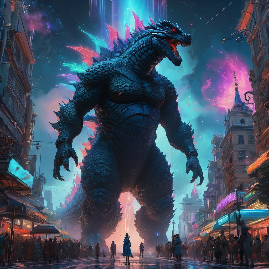 Godzilla, aesthetic, christzilla, epic scene, colors, holy, full body, galaxy, and, stars, atmosphere, unreal engine, pixar, video game, ethereal, insanely detailed, symmetrical, concept art, peter mohrbacher, charlie bowater, artstation, cinematic, video game, digital painting