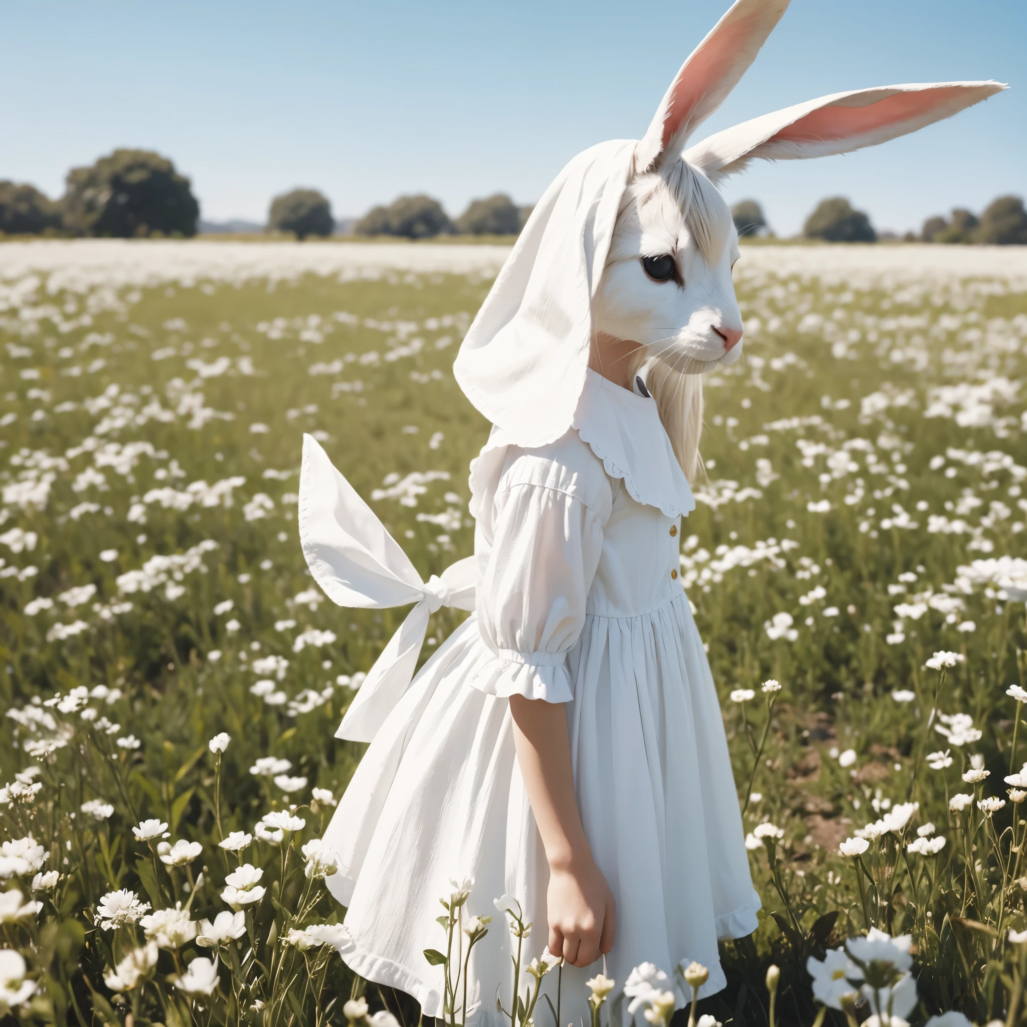 Conejo de color blanco, little,stylish aesthetic coquette in the field on a sunny day with a look of tenderness 
