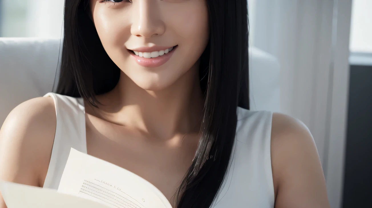 woman with a black hair and a white shirt, 3d demo reel, realistic unreal engine, realistic human face, closeup, smiling, fullbody, realistic poto of sexy pose asian beautifull girl, reading book, light makeup, hyperdetailed photography, instagram, soft light, unreal engine