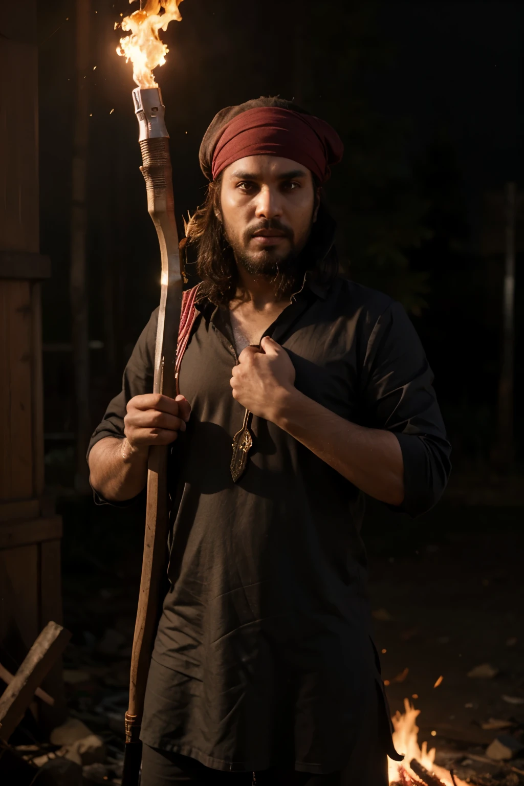 Muslim man pirate dark kurta archer pyromaniac apocalypse bow quiver fire