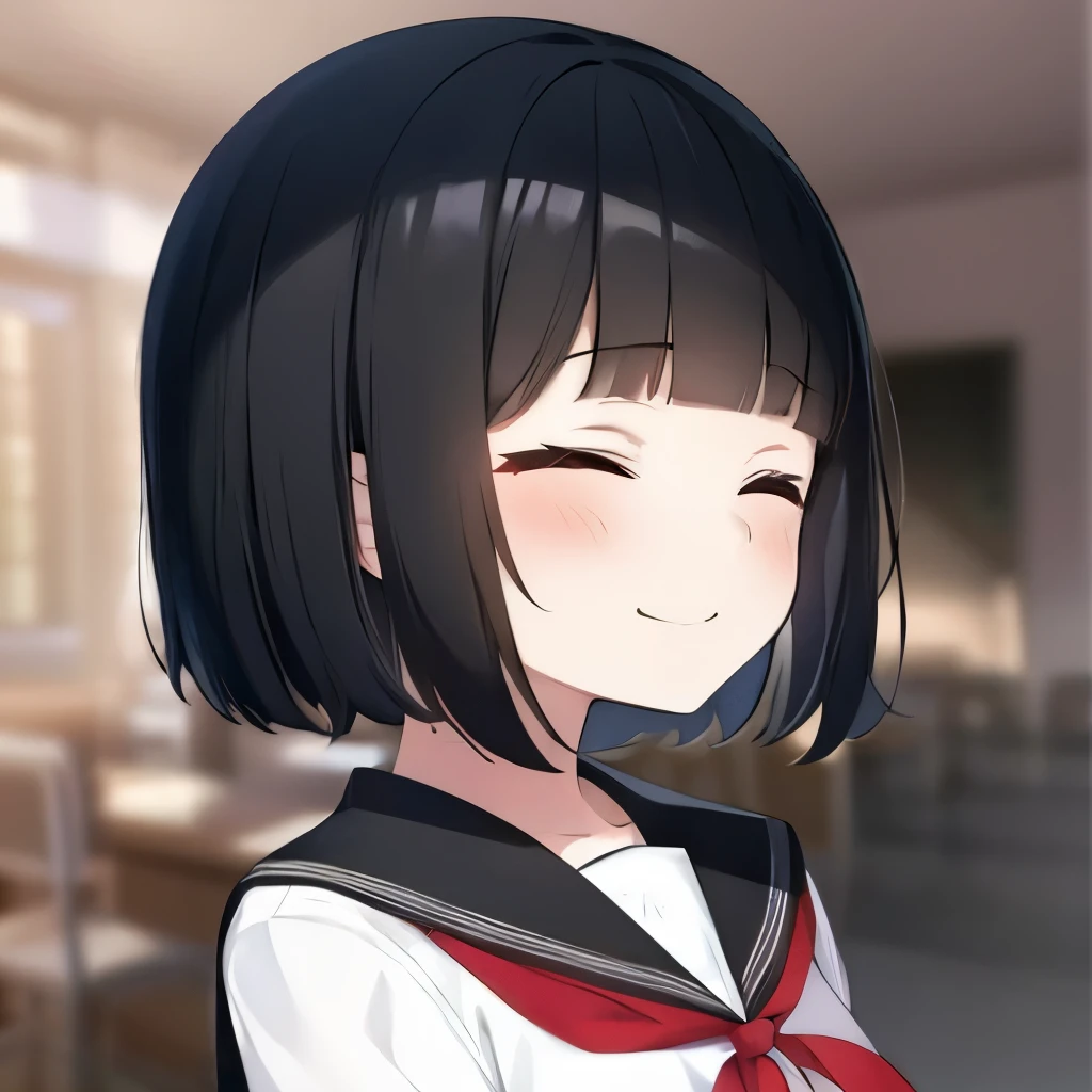 girl. . Japanese . dark short hair. closed eyes. smile. against the backdrop of the school room