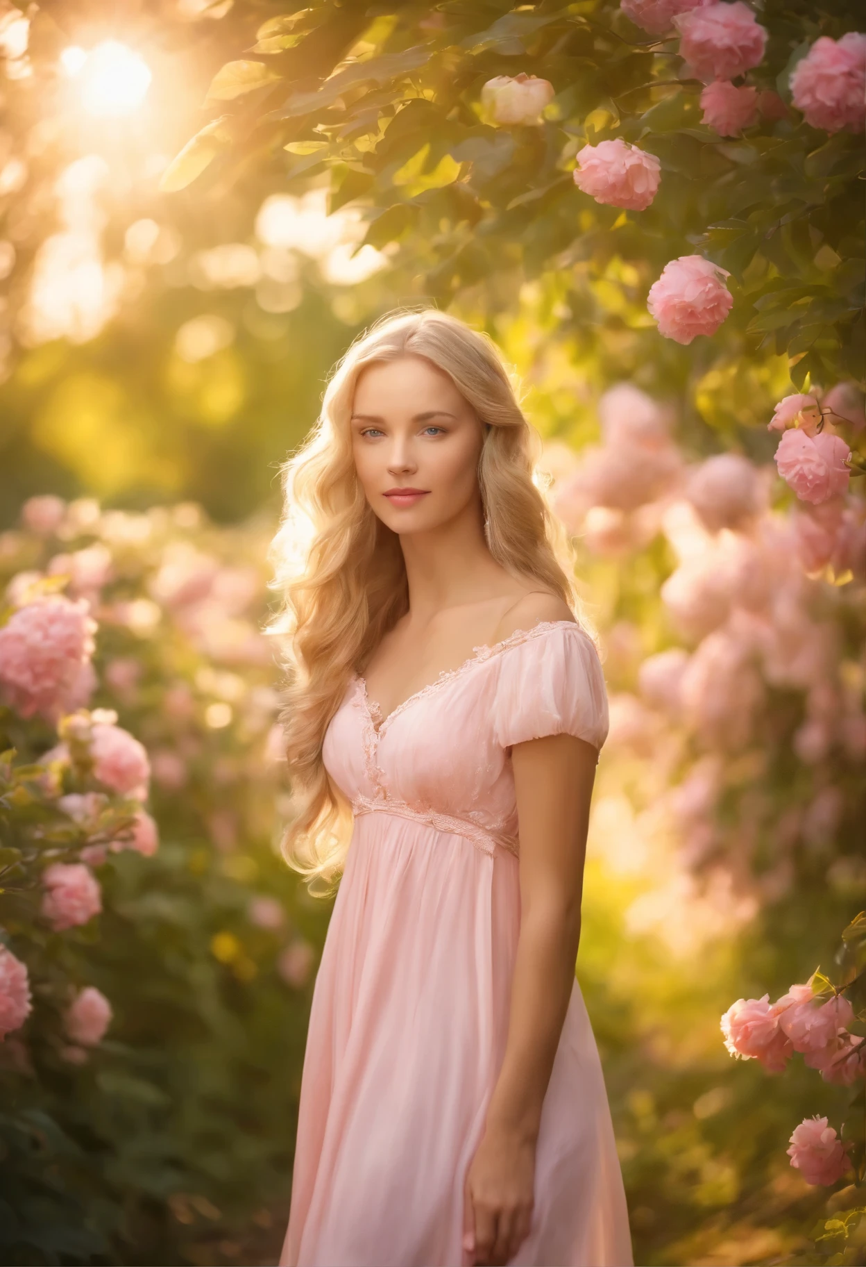 beautiful young blonde girl,scenic sunlight on her forehead,realistic,classic portrait style,vivid colors,detailed facial features,dazzling hazel eyes,rosy cheeks,soft pink lips,long flowing hair,breezy summer dress,standing in a flower-filled garden,gentle breeze rustling the leaves,bright blue sky with fluffy white clouds,soft golden sunlight filtering through the trees,peaceful and serene atmosphere