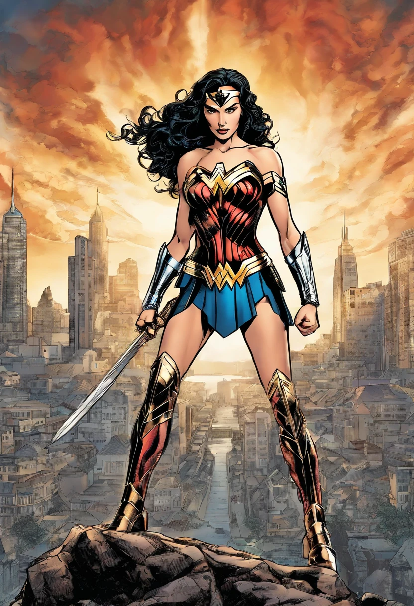 ((Full body photo,standing, feet on the ground)) Wonder Woman gal gadot, with sword and armor in front of a city, Wonder Woman, zenoscope, beautiful comic art, candid for, by Mark Brooks, David Finch, dwayne johnson as Wonder Woman, by Jim Lee, by Inacio Zuloaga, inspired by Jim Lee, DC Comics art style, Jason Fabok, Gal Gadot as Lord of Hell