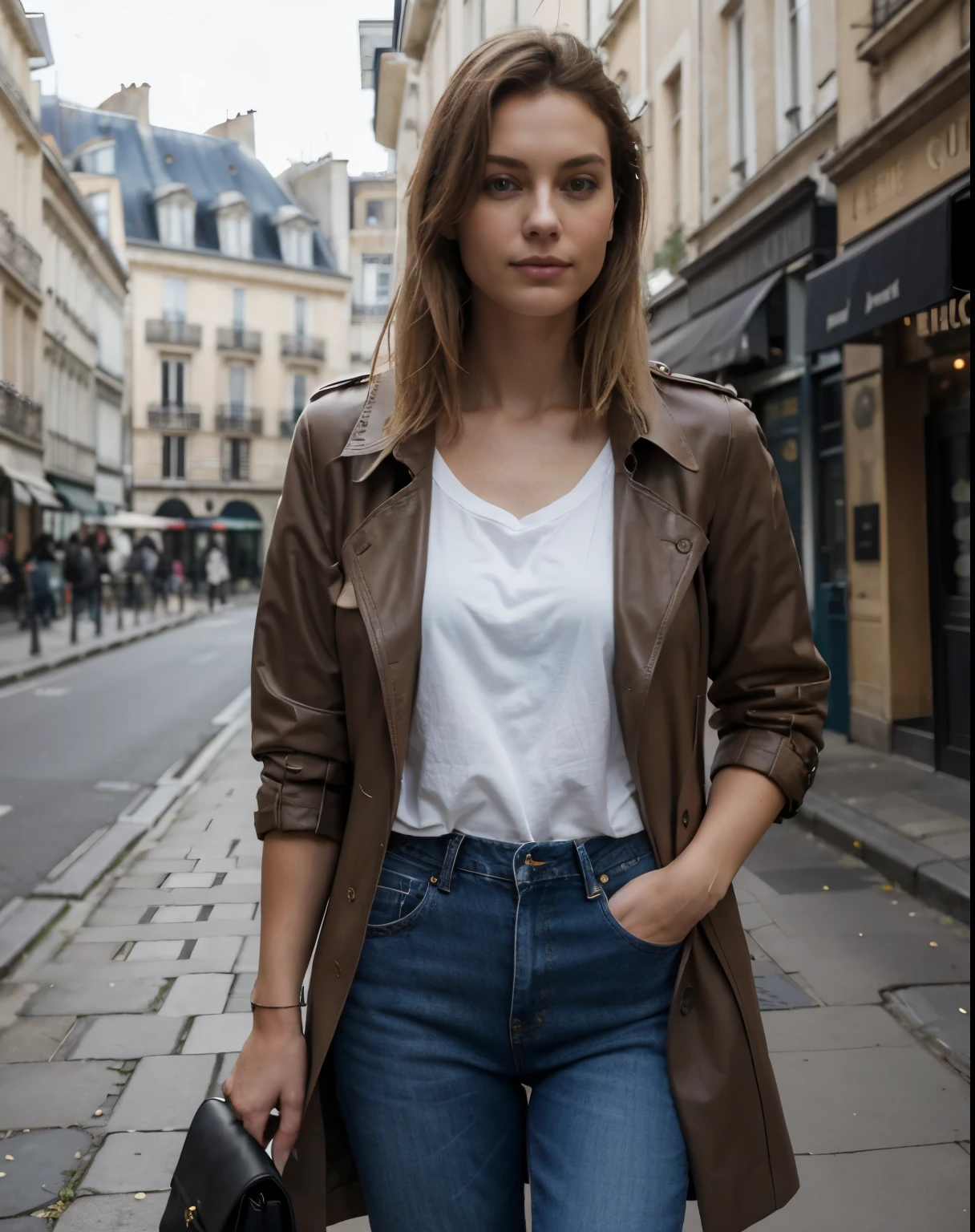 Photos d’une influenceuse blonde type suédoise à Paris, dans le quartier du Marais, sur la place des Vosges. Elle met en valeur sa tenue du lundi : a long brown trench coat in very dark leather, un t-shirt blanc, un jean large bleu clair et un sac noir Jacquemus. Ce n’est pas un dessin, c’est une photo ultra réaliste.