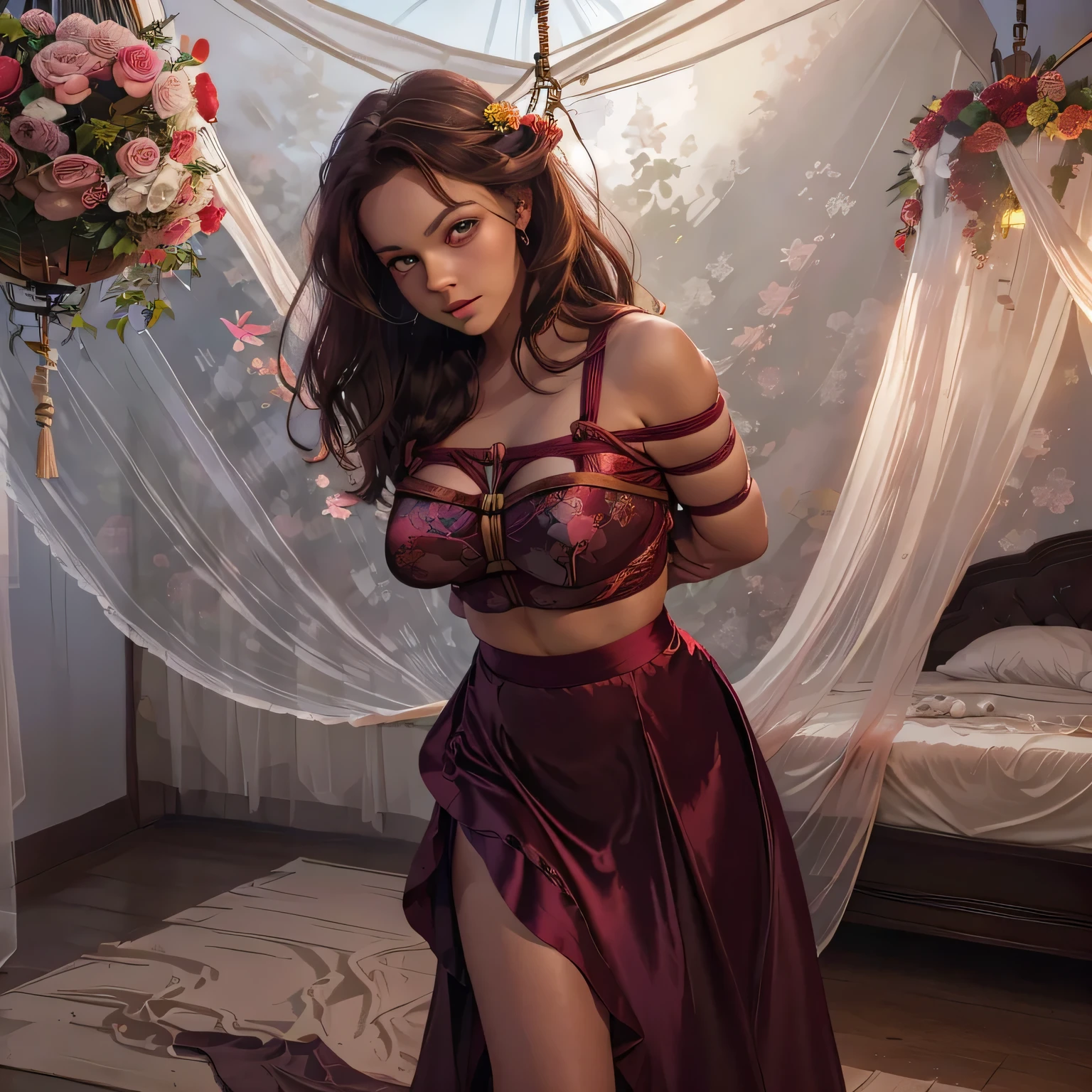 1girl,(bright lighting,romantic setting),dreamy background,,dark hair, mesmerizing gaze, , soft skin, alluring beauty, artistic portrait, high-quality image, vibrant colors,long red floral satin skirt, mosquito net, romantic bedroom, sidesuspension,solobound,veil,barefoot