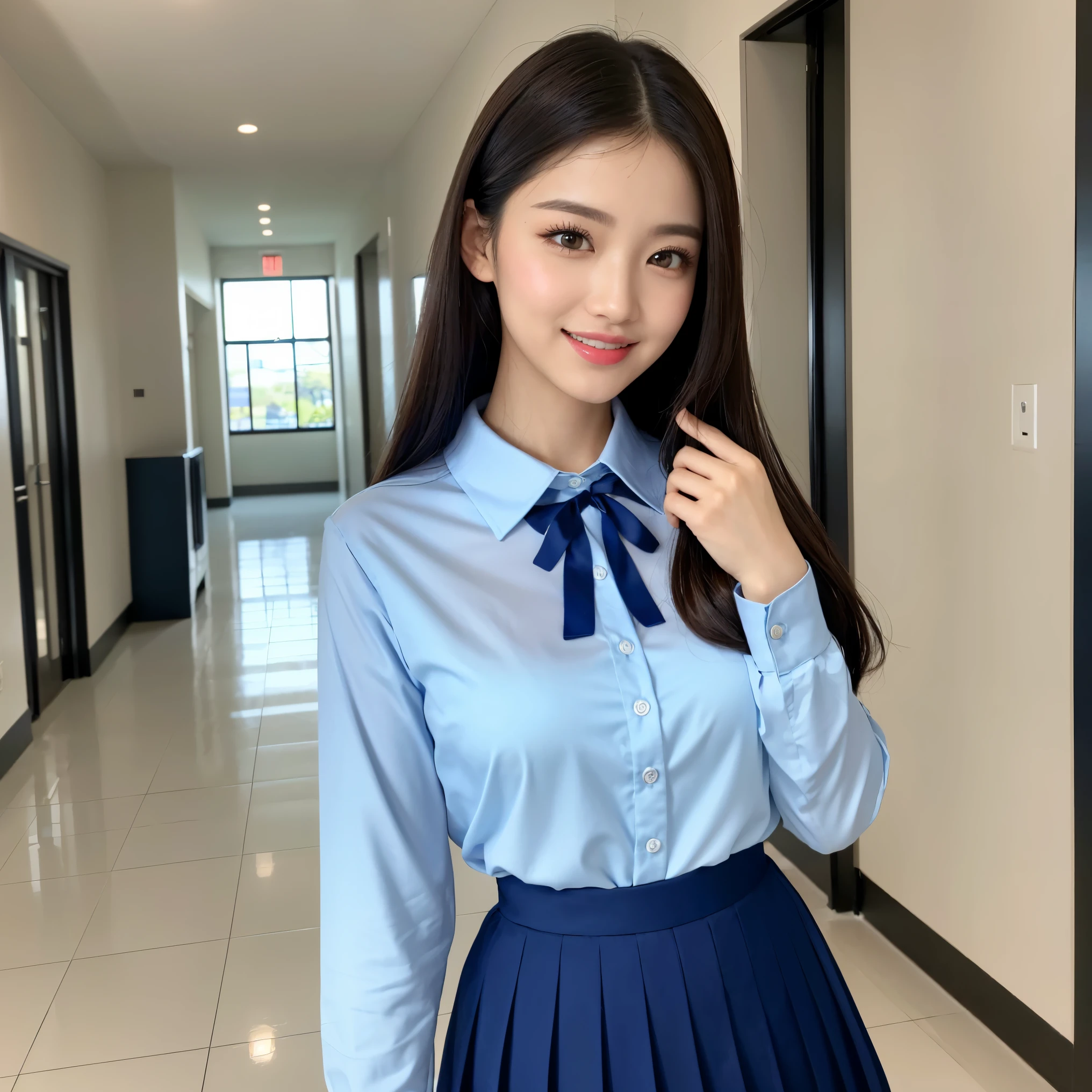 (highest quality、masterpiece、8K、best image quality、hyper realism、Award-winning work)、one high school girl、(The most natural and perfect polyester long sleeve collared shirt:1.1)、bright and shining shirt、(navy pleated skirt:1.15)、(perfect ribbon on the chest:1.1)、(Standing gracefully facing forward:1.1)、the best smile when you look at me、Blurred school hallway background、Strongly blurred background、very bright、(A very spacious and open school hallway:1.1)、A spacious and perfectly organized school hallway、The most natural and perfect school hallway、perfect orderly school hallway、upper body photo、accurate anatomy、emphasize body line、perfect makeup、long eyelashes、bright lipstick、glossy lips、Ultra high definition glossy skin、(Ultra-high definition bright and beautiful skin:1.3)、超高精細のglossy lips、Super high definition beautiful teeth