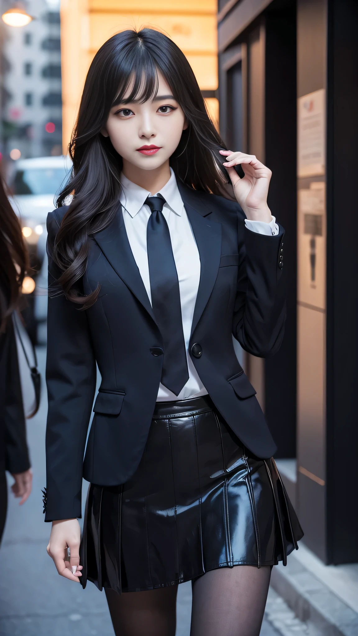 ltra-detailed、Japanese、attractive beauty、seductive adult woman、pretty woman、piercing eyes、cool girl、wavy hair、swept bangs、Female student、suit、Jacket、shirt、ribbon、blouse、Tight Skirt、pantyhose、beautiful feet、Evil cadres、evil depravity、brainwash、mind control、lipstick、smirk、dark makeup、hollow eyes,half-closed eyes、evil look、evil、empty eyes、evil、church at night、vampire、succubus、vampire、Swear allegiance、stand、
