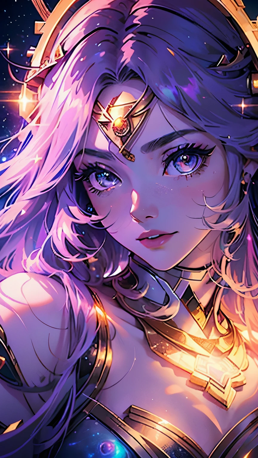 (close-up,detailed)(goddess of time)(clock background),(space,cosmos),(stellar lights,dimming stars,celestial atmosphere,galactic hues),(best quality,ultra-detailed,realistic),(cosmos art,mythological art),(vibrant colors,cosmic tones),(soft,subtle,dreamy lighting)