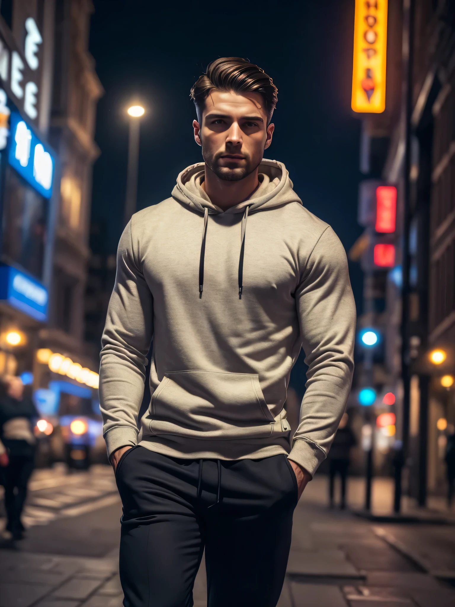 (Best quality:1.5), high quality, realistic, detailed, (European appearance), ((to the waist)), beautiful facial features, (1 brunette man), strong build, in a hoodie, fabric trousers, looking, To the streets, At night , cinematic lighting, Resolution 8K, bright colors