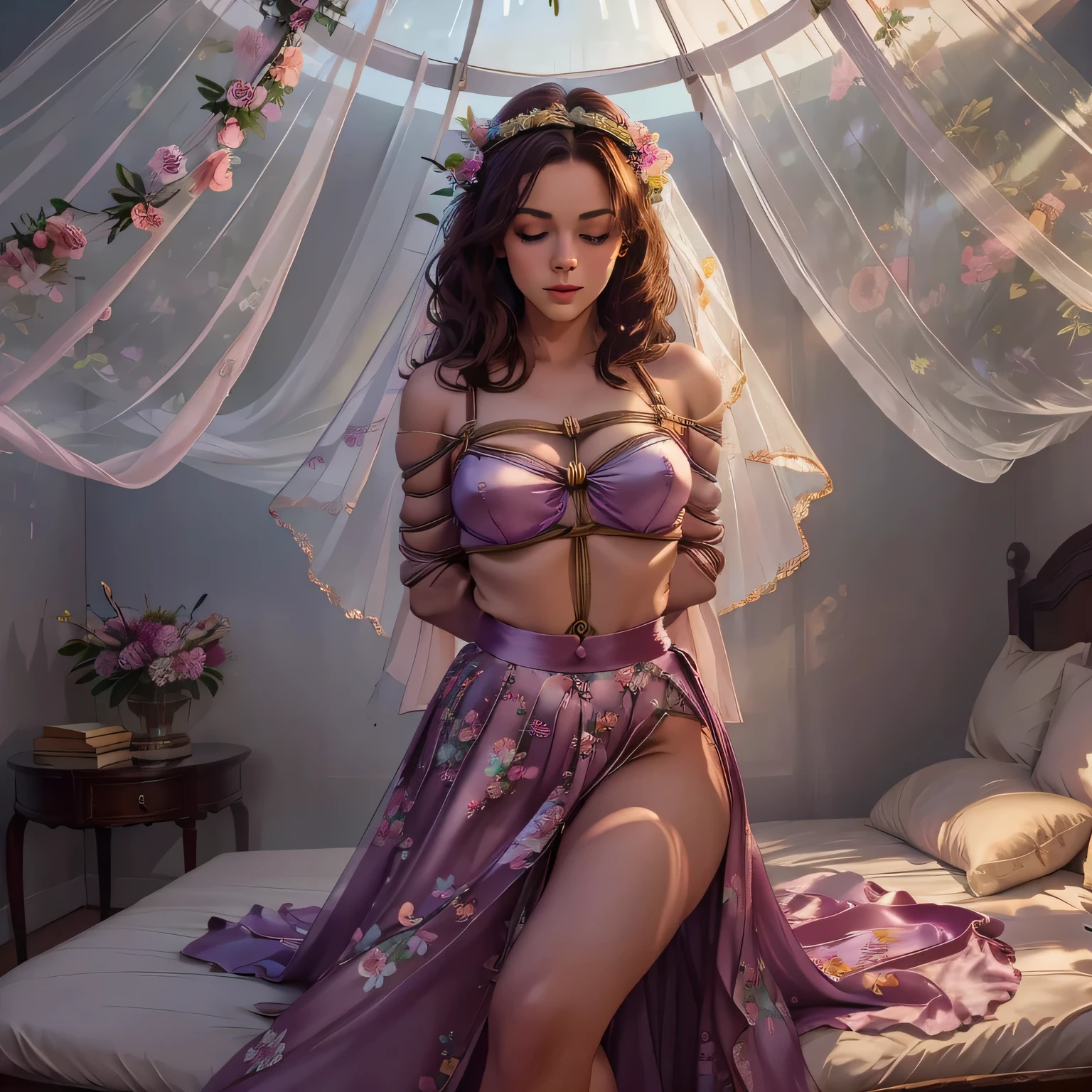 1girl,(bright lighting,romantic setting),dreamy background,,dark hair, mesmerizing gaze, , soft skin, alluring beauty, artistic portrait, high-quality image, vibrant colors,long floral satin skirt, mosquito net, romantic bedroom, sidesuspension,solobound,veil,barefoot