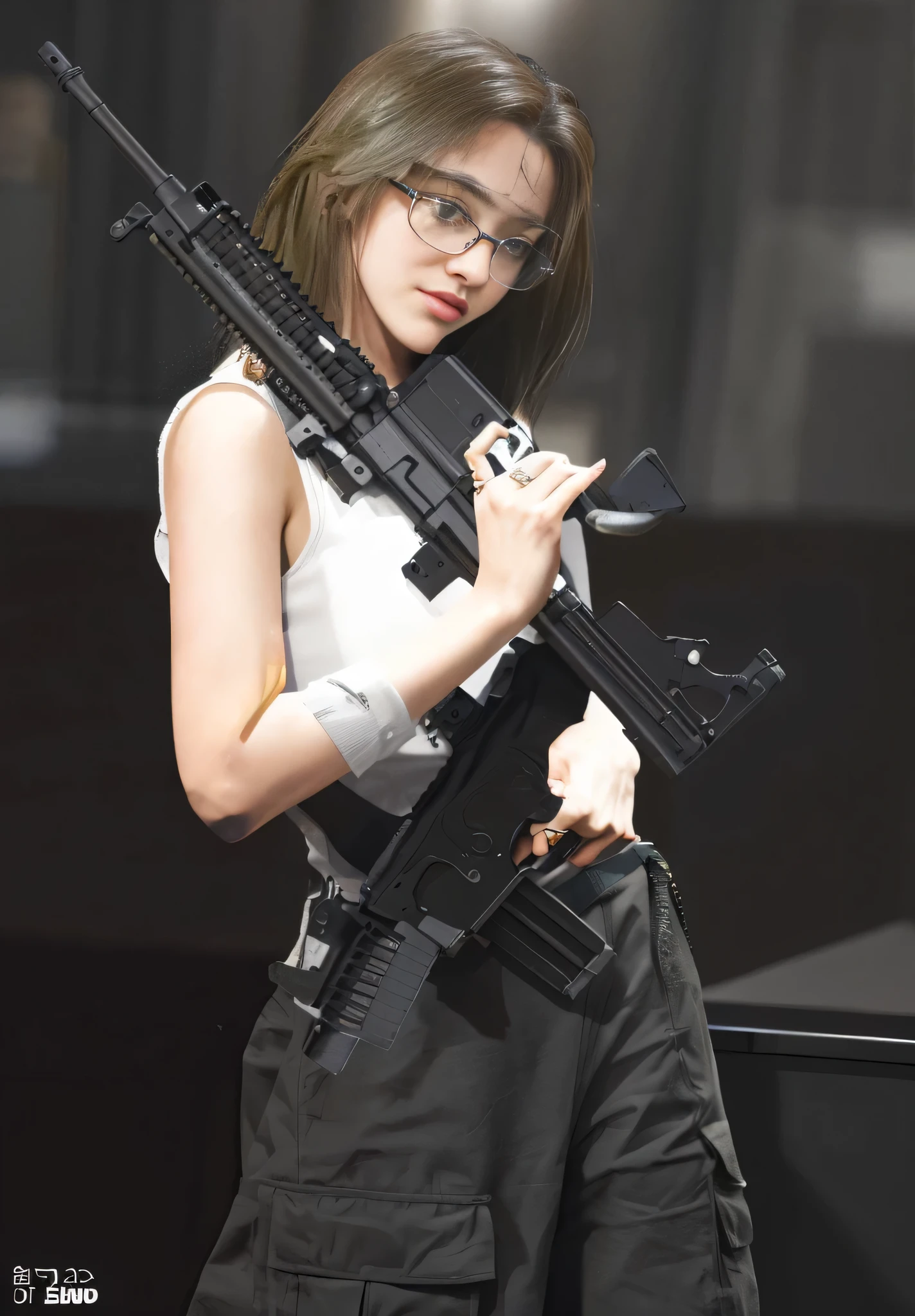Arafed woman holding a gun and wearing glasses while standing in front of a piano., Con fusil, m4 sopmod ii girls front line, silent due to solid metal gear, silent due to solid metal gear v, con pistola, inspirado en Leng Mei, Chica soldado mecanizado, portando un rifle, Kinematics —AR 16:9, render de abril