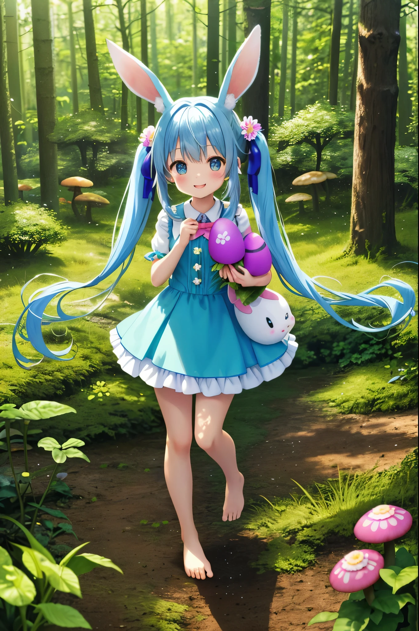 【best image quality】Easter　A fairyland full of flowers　light blue long hair、Cute girl with twin tails　rabbit ears　big easter egg　Cute rabbit　Dynamic mode　Running through a forest full of flowers　adorable smile　in the forest　forest creatures　Usagi　Subbear　squirrel　There are friends in the forest。　There are also mushrooms。Eared rabbit　barefoot　cute costumes　