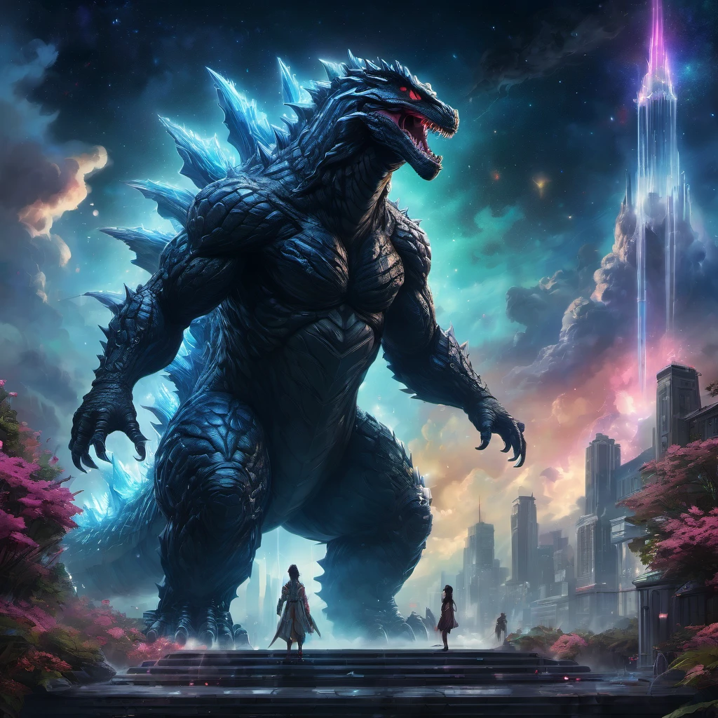 Godzilla, aesthetic, christzilla, epic scene, colors, holy, full body, galaxy, and, stars, atmosphere, unreal engine, pixar, video game, ethereal, insanely detailed, symmetrical, concept art, peter mohrbacher, charlie bowater, artstation, cinematic, video game, digital painting