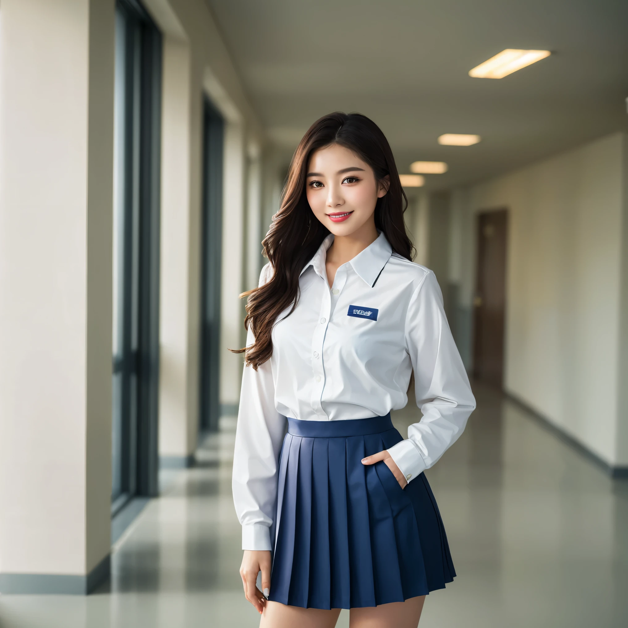 (highest quality、masterpiece、8K、best image quality、hyper realism、Award-winning work)、one high school girl、(The most natural and perfect white polyester collared long sleeve shirt:1.1)、bright and shining shirt、(navy pleated skirt:1.1)、(Standing gracefully facing forward:1.1)、the best smile when you look at me、Blurred school hallway background、Strongly blurred background、very bright、(A very spacious and open school hallway:1.1)、A spacious and perfectly organized school hallway、The most natural and perfect school hallway、perfect orderly school hallway、upper body photo、accurate anatomy、emphasize body line、perfect makeup、long eyelashes、bright lipstick、glossy lips、Ultra high definition glossy skin、(Ultra-high definition bright and beautiful skin:1.3)、超高精細のglossy lips、Super high definition beautiful teeth