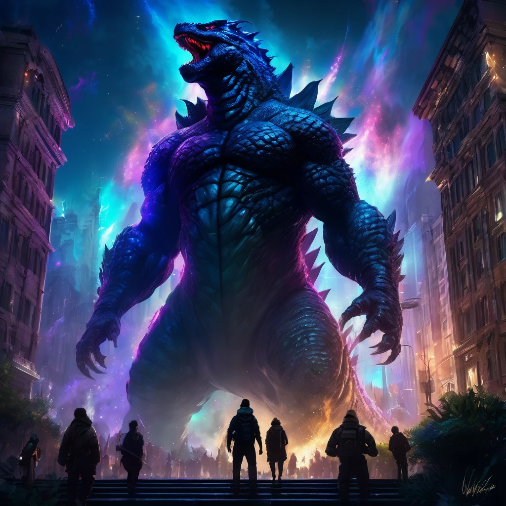 Godzilla, aesthetic, christzilla, epic scene, colors, holy, full body, galaxy, and, stars, atmosphere, unreal engine, pixar, video game, ethereal, insanely detailed, symmetrical, concept art, peter mohrbacher, charlie bowater, artstation, cinematic, video game, digital painting