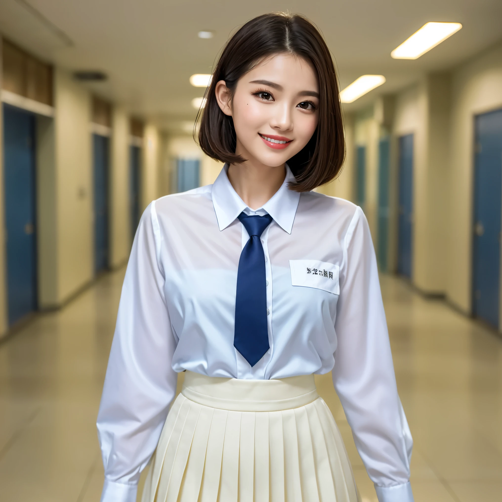 (highest quality、masterpiece、8K、best image quality、hyper realism、Award-winning work)、one high school girl、(The most natural and perfect white polyester collared long sleeve shirt:1.1)、bright and shining shirt、(navy pleated skirt:1.1)、(Standing gracefully facing forward:1.1)、the best smile when you look at me、Blurred school hallway background、Strongly blurred background、very bright、(A very spacious and open school hallway:1.1)、A spacious and perfectly organized school hallway、The most natural and perfect school hallway、perfect orderly school hallway、upper body photo、accurate anatomy、emphasize body line、perfect makeup、long eyelashes、bright lipstick、glossy lips、Ultra high definition glossy skin、(Ultra-high definition bright and beautiful skin:1.3)、超高精細のglossy lips、Super high definition beautiful teeth