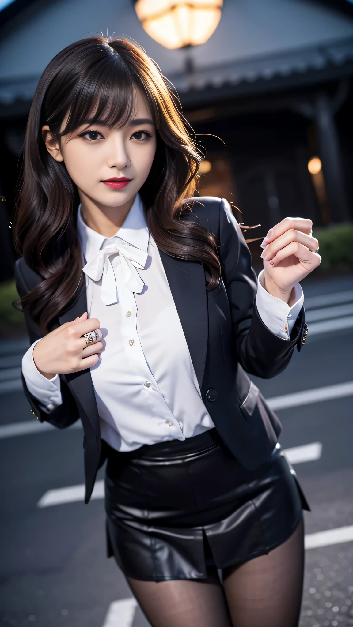 ltra-detailed、Japanese、attractive beauty、seductive adult woman、pretty woman、piercing eyes、cool girl、wavy hair、swept bangs、Female student、suit、Jacket、shirt、ribbon、blouse、Tight Skirt、pantyhose、beautiful feet、Evil cadres、evil depravity、brainwash、mind control、lipstick、smirk、dark makeup、hollow eyes,half-closed eyes、evil look、evil、empty eyes、evil、church at night、vampire、succubus、vampire、Swear allegiance、stand、