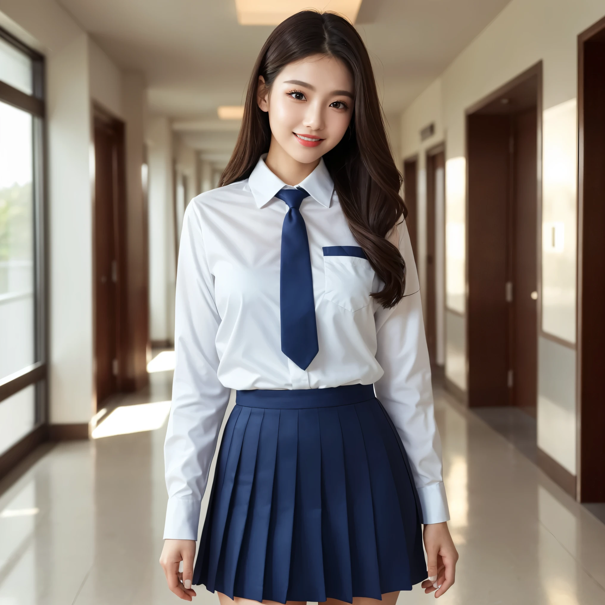 (highest quality、masterpiece、8K、best image quality、hyper realism、Award-winning work)、one high school girl、(The most natural and perfect white polyester collared long sleeve shirt:1.1)、bright and shining shirt、(navy pleated skirt:1.1)、(Standing gracefully facing forward:1.1)、the best smile when you look at me、Blurred school hallway background、Strongly blurred background、very bright、(A very spacious and open school hallway:1.1)、A spacious and perfectly organized school hallway、The most natural and perfect school hallway、perfect orderly school hallway、upper body photo、accurate anatomy、emphasize body line、perfect makeup、long eyelashes、bright lipstick、glossy lips、Ultra high definition glossy skin、(Ultra-high definition bright and beautiful skin:1.3)、超高精細のglossy lips、Super high definition beautiful teeth