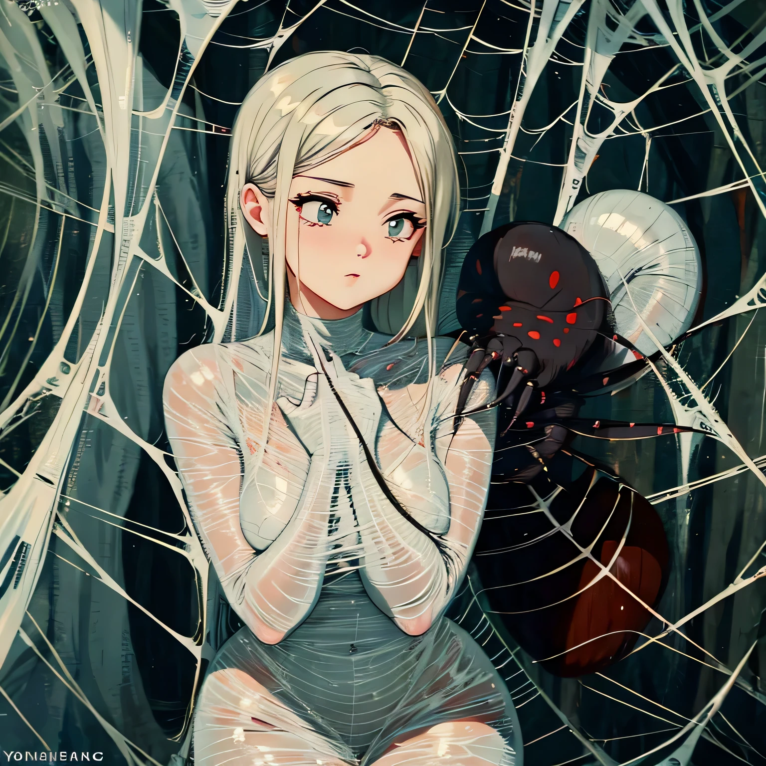 a girl completely entangled in the spider's web