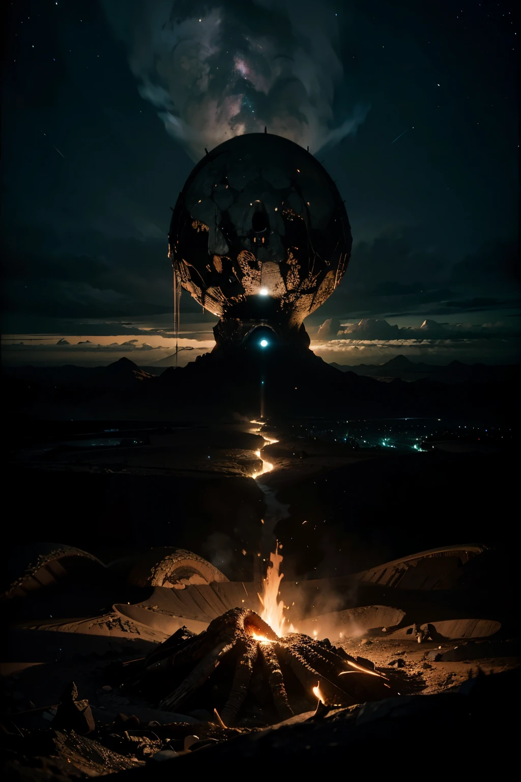 MASTERPIECE, HIGH QUALITY IMAGES, PLANETA COM PAISAGEM DESOLADA, CIDADE DE PEDRA ESCURA E SOMBRIA AO FUNDO, SOLO NEGRO COM CRATERAS DE LAVA ABERTAS, GALAXIES VISIBLE IN THE NIGHT SKY, FANTASTIC LANDSCAPE OF SCIENCE FICTION AND HORROR, 8K