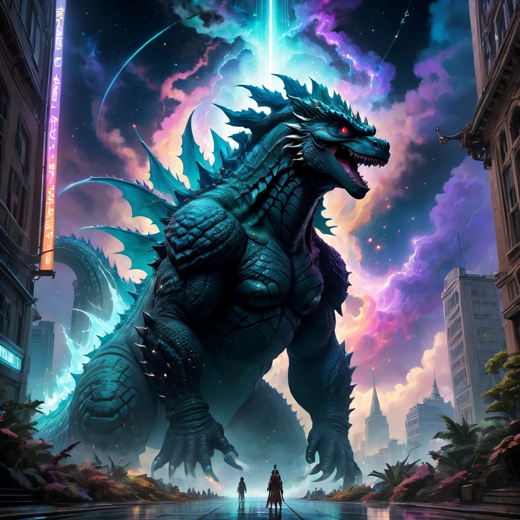 Godzilla, aesthetic, christzilla, epic scene, colors, holy, full body, galaxy, and, stars, atmosphere, unreal engine, pixar, video game, ethereal, insanely detailed, symmetrical, concept art, peter mohrbacher, charlie bowater, artstation, cinematic, video game, digital painting