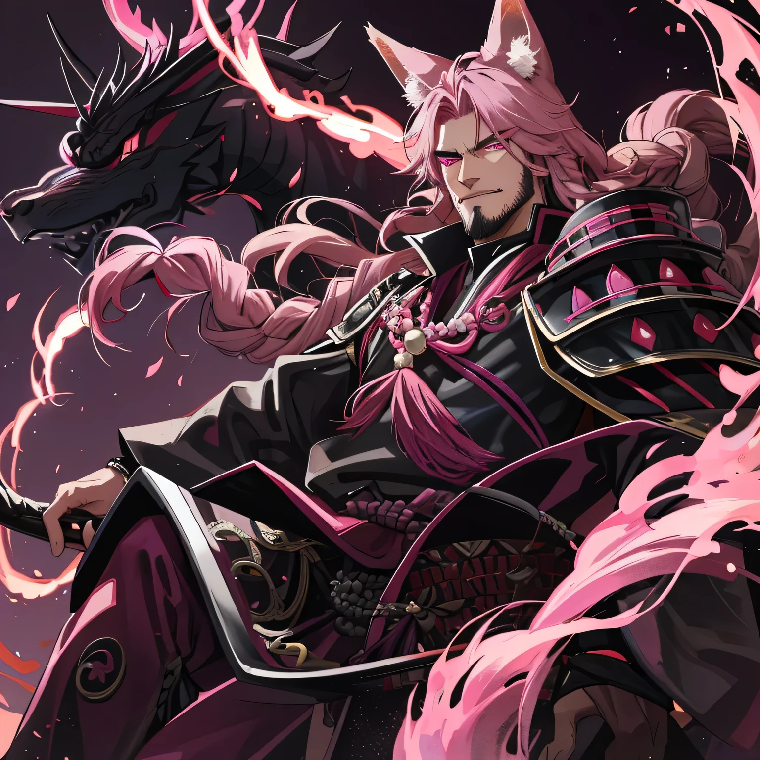 older male,fox ears,fox tails,dark pink hair long braid,black japanese armor,bead bracelet,glare,dark pink eyes,japanese palace,dark,lights,dragon tattoo,evil grin,beard stubble,distant