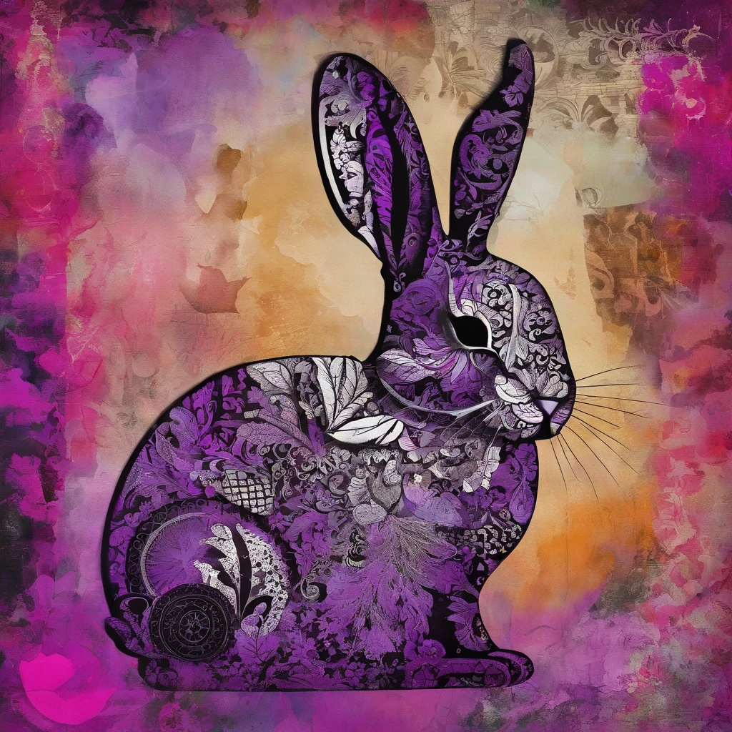 Lapin à fourrure noire et violette et bois magenta, yeux brillants, ciel nocturne plein d'horreur surnaturelle et de tentacules, best quality, chef-d'artwork