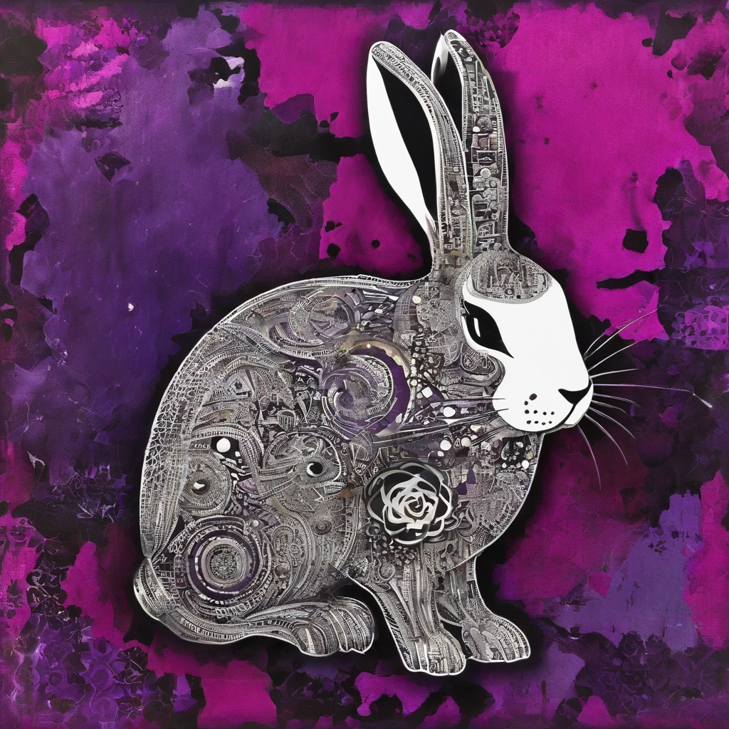 Lapin à fourrure noire et violette et bois magenta, yeux brillants, ciel nocturne plein d'horreur surnaturelle et de tentacules, best quality, chef-d'artwork