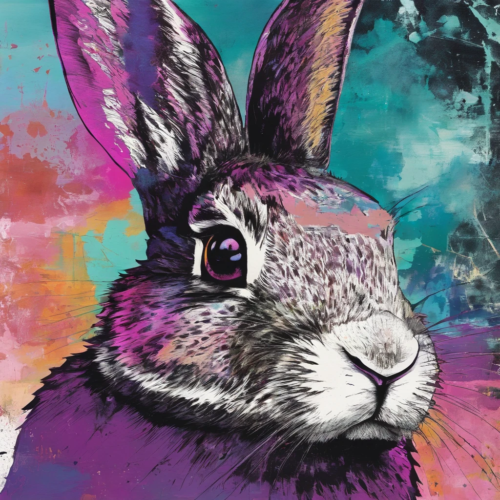Lapin à fourrure noire et violette et bois magenta, yeux brillants, ciel nocturne plein d'horreur surnaturelle et de tentacules, best quality, chef-d'artwork