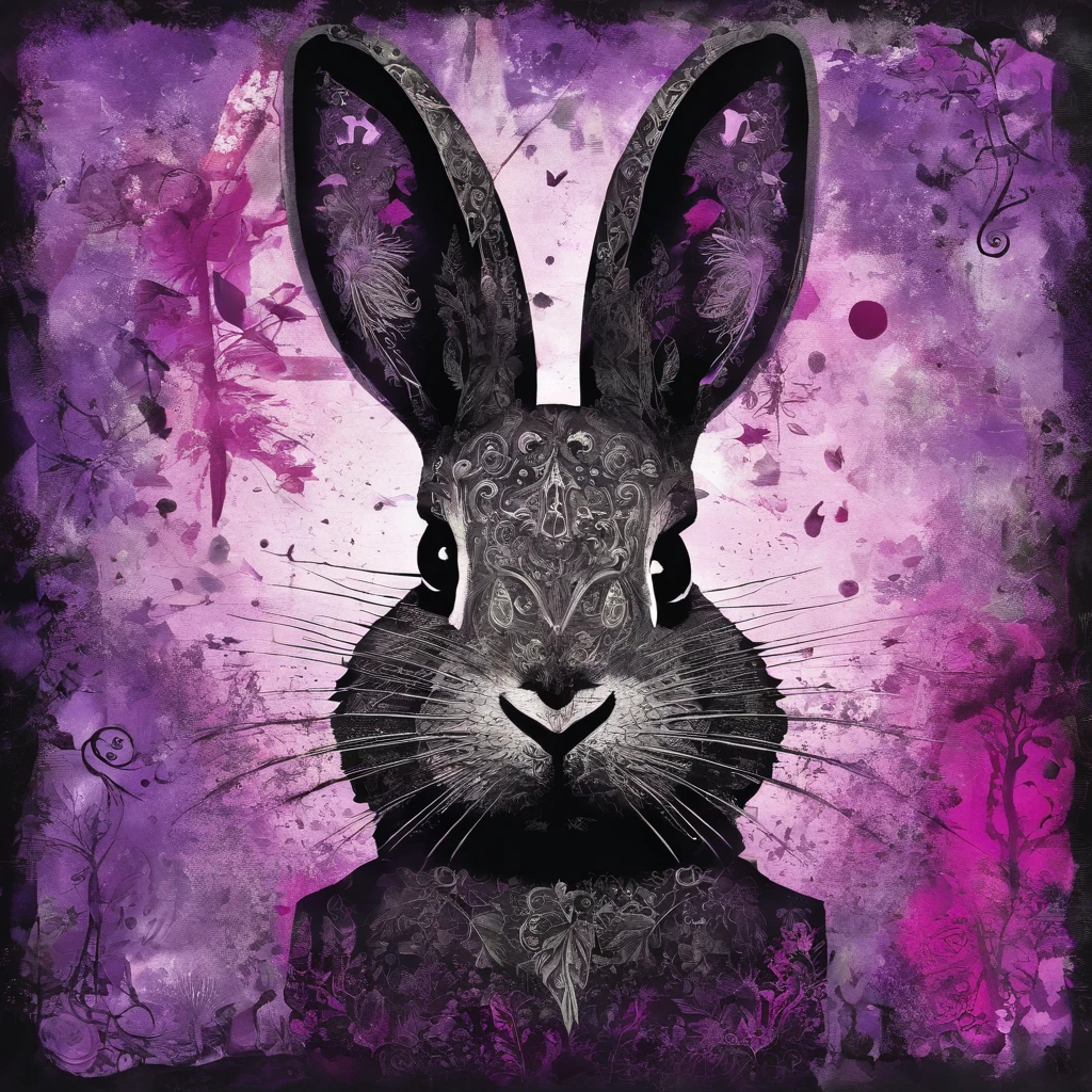 Lapin à fourrure noire et violette et bois magenta, yeux brillants, ciel nocturne plein d'horreur surnaturelle et de tentacules, best quality, chef-d'artwork