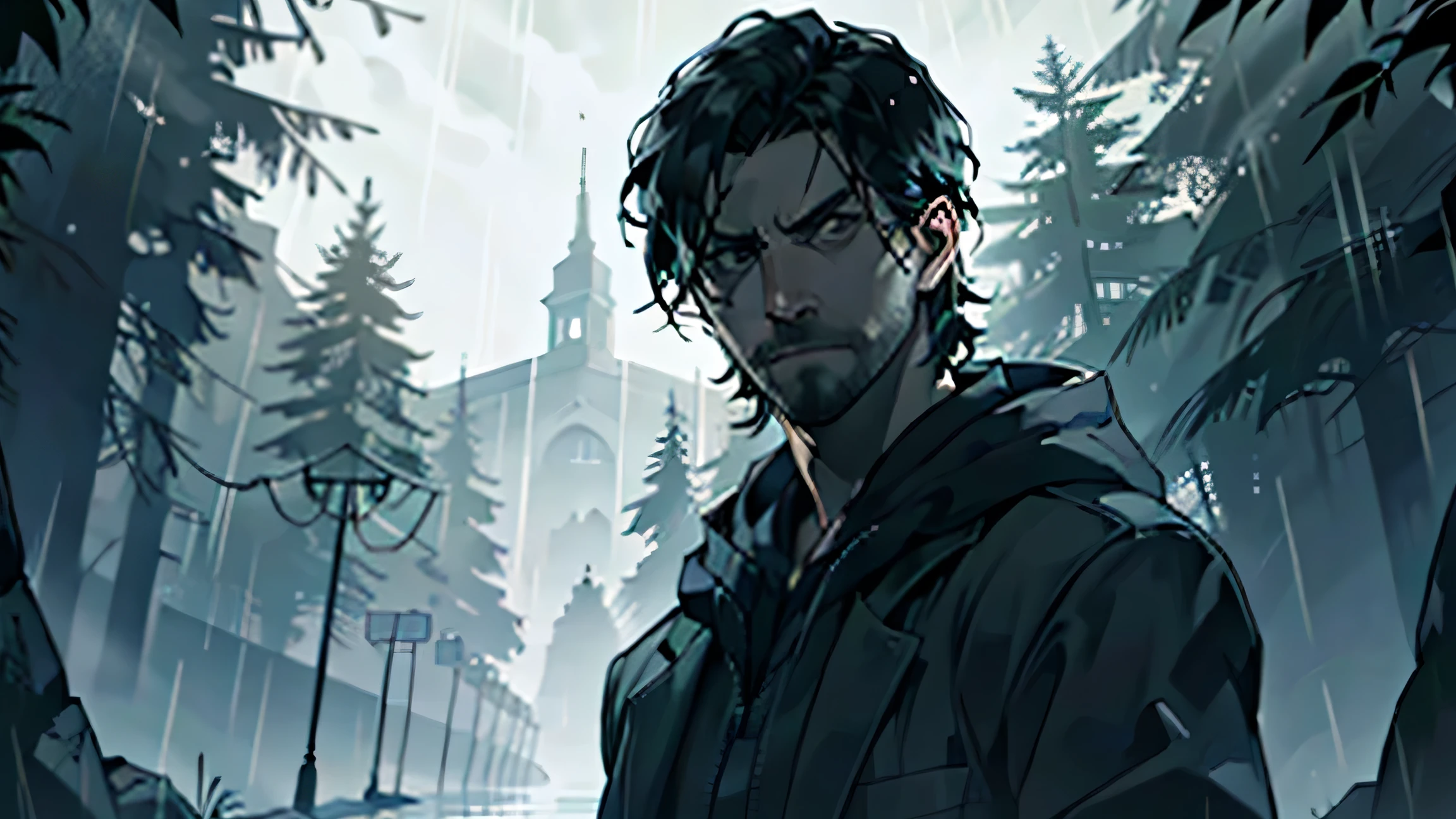 (masterpiece, Best quality:1.3)
Alan Wake, One, 1 boy, male focus, rain, outside, the forest, black hair, facial hair