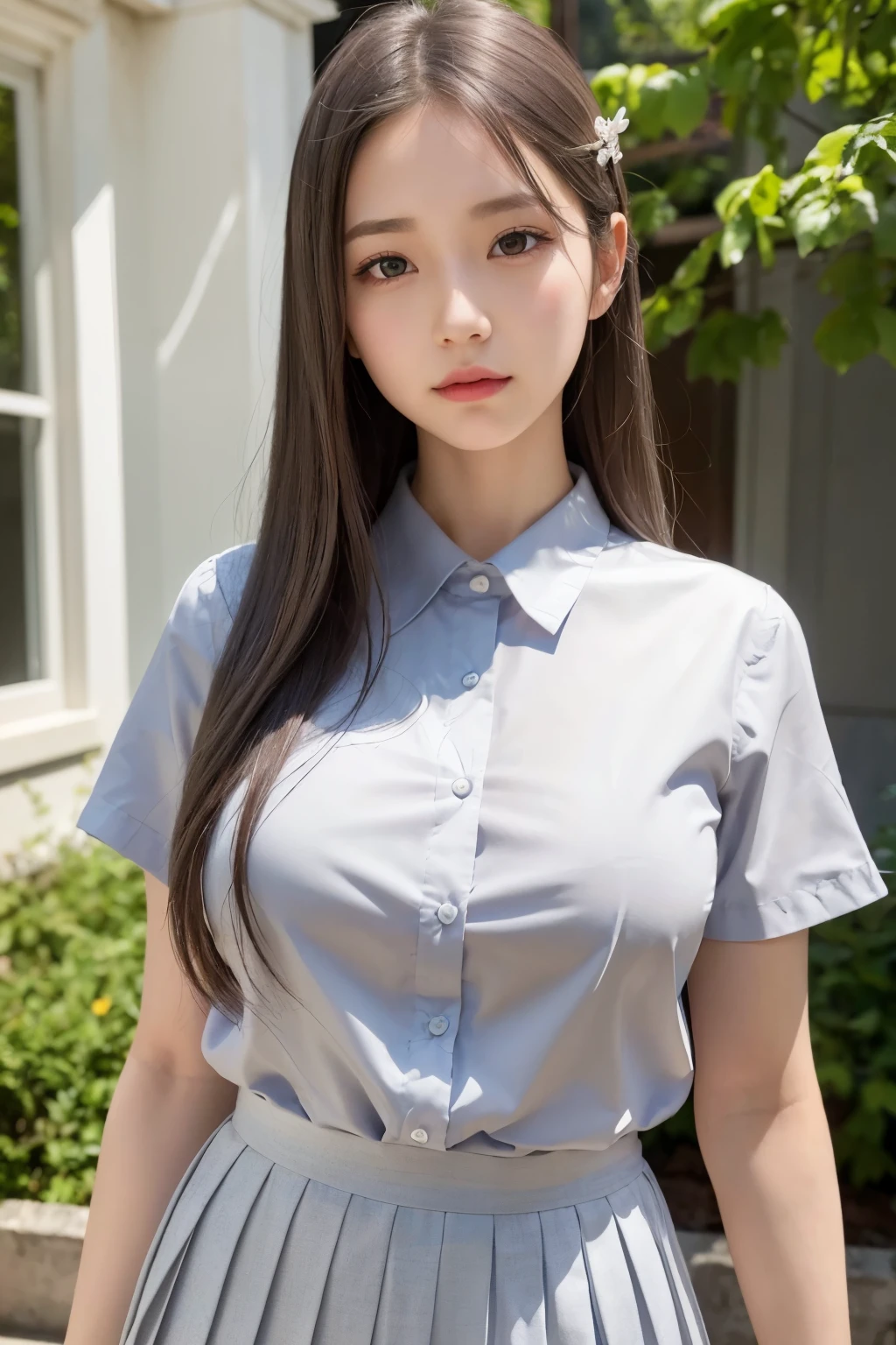 (RAW photograph, highest quality), (realistic),photograph, highest quality ,masterpiece, very delicate and beautiful, very detailed, cg ,unity, 2k wallpaper, finely, masterpiece, highest quality, huge file size, Super detailed, High resolution, very detailed, NSFW, 1 girl, , node, Because I'm slender, (short sleeve shirt:1.1),(uniform:1.1),(pleated skirt:1.1), porcelain skin, (gray hair), (hair ornaments), looking at the viewer, close up of face, straight hair, very detailed face, very detailed eyes, enchanting smile, Rainy ,
