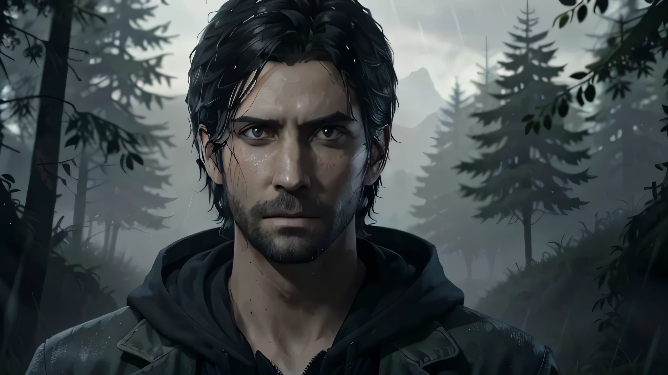 (masterpiece, Best quality:1.3)
Alan Wake, One, 1 boy, male focus, rain, outside, the forest, black hair, facial hair
