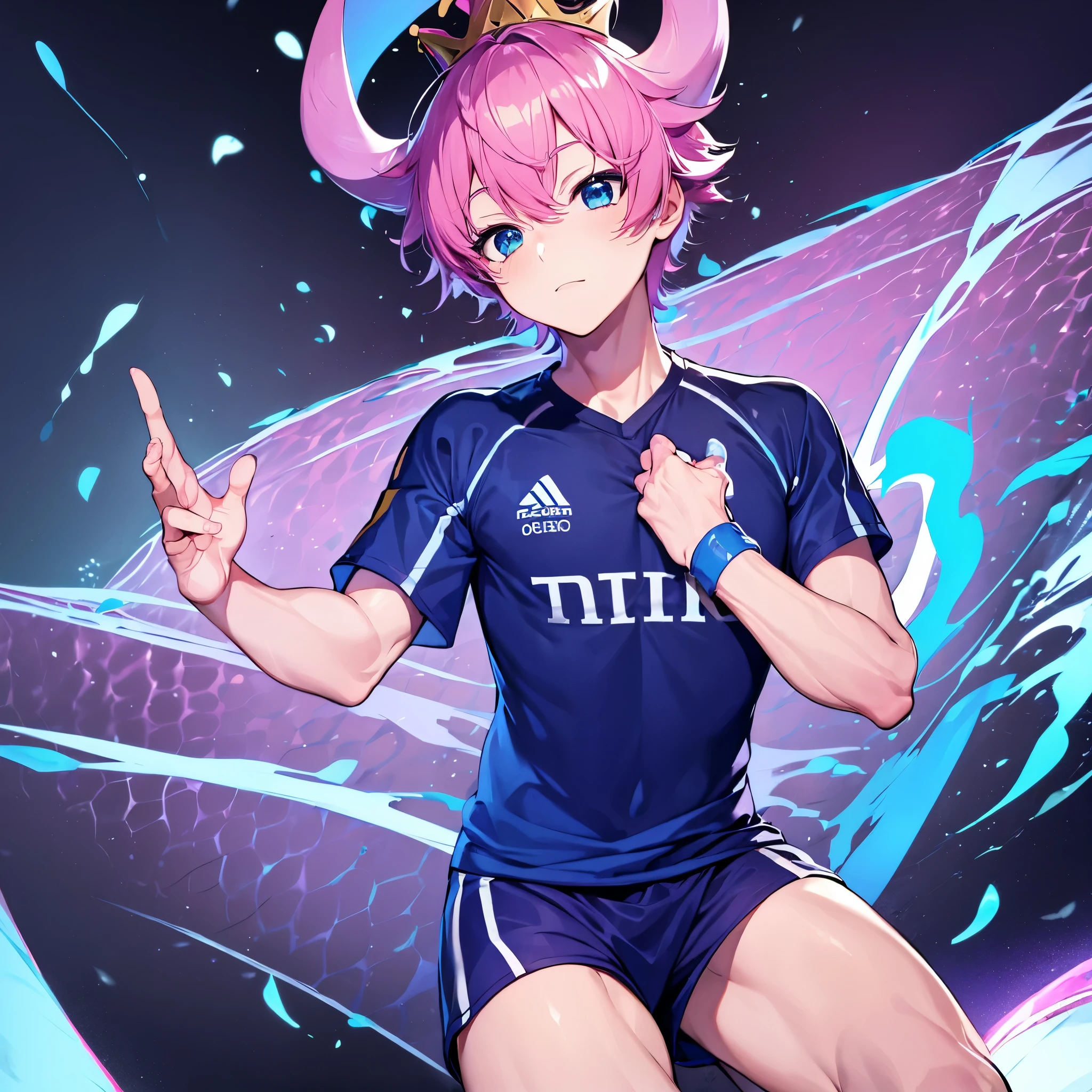 (1boy, masculino),(soccer uniform),aquamarine eyes, Campo de futebol, pink short hair, crown over the head