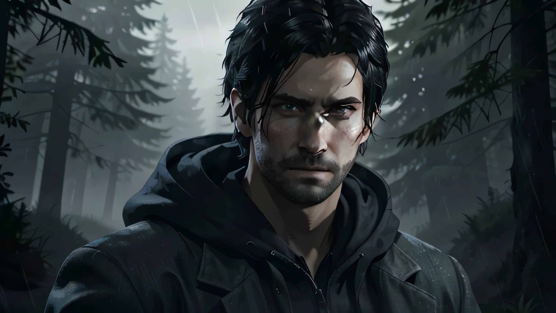 (masterpiece, Best quality:1.3)
Alan Wake, One, 1 boy, male focus, rain, outside, the forest, black hair, facial hair