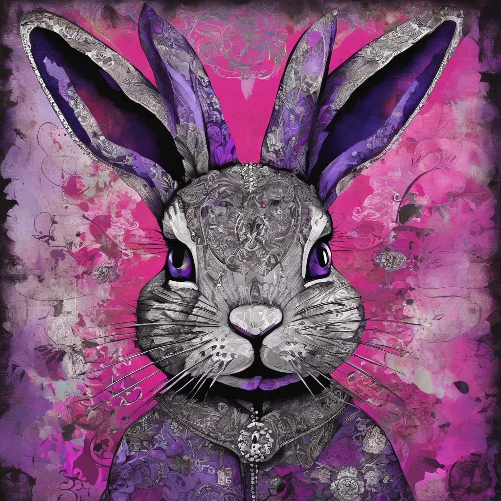 Lapin à fourrure noire et violette et bois magenta, yeux brillants, ciel nocturne plein d&#39;horreur surnaturelle et de tentacules, best quality, chef-d&#39;artwork