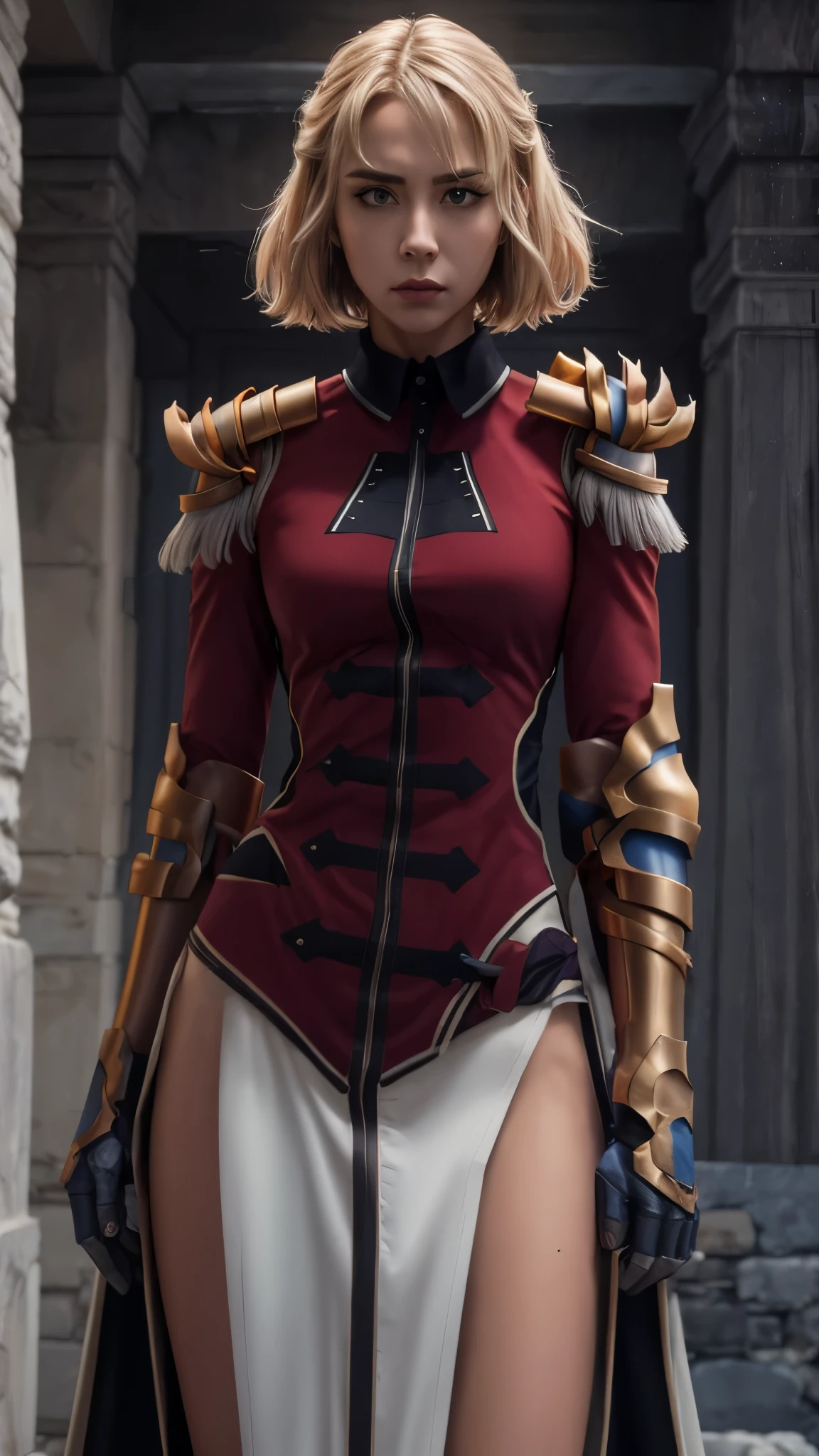 solo, 1girl, cha hae-in, expressionless, looking at viewer, armor, black collar, shoulder armor, long sleeves, gloves, gauntlets, pelvic curtain 