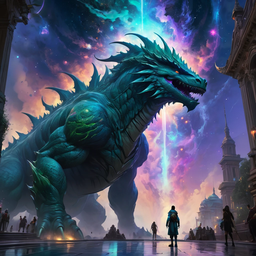 Godzilla, aesthetic, christzilla, epic scene, colors, holy, full body, galaxy, and, stars, atmosphere, unreal engine, pixar, video game, ethereal, insanely detailed, symmetrical, concept art, peter mohrbacher, charlie bowater, artstation, cinematic, video game, digital painting