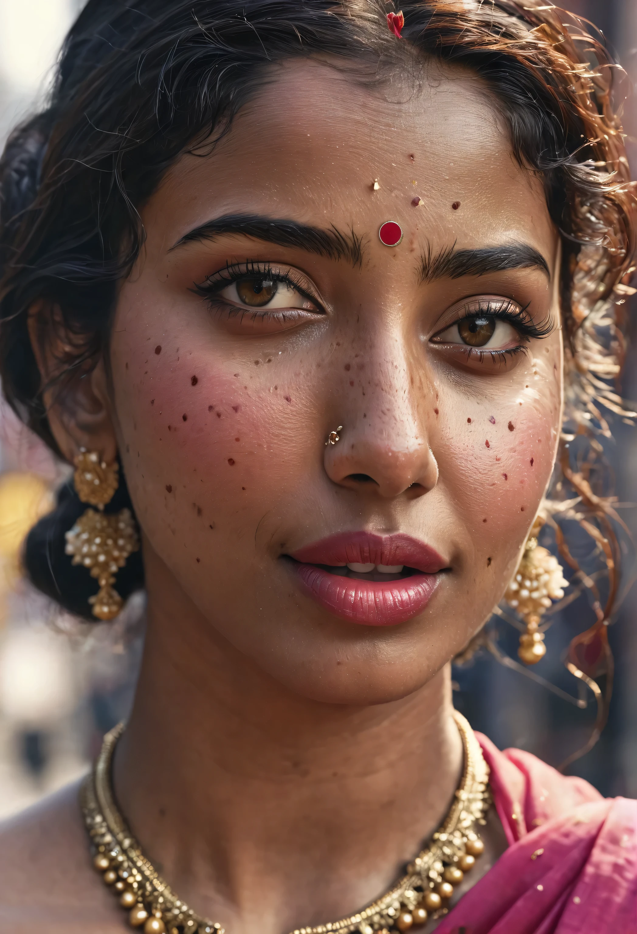 (10k, RAW photos, best image quality, masterpieces, : 1.2), (realistic, photorealistic: 1.37), film grain, photo, rule of thirds, dramatic lighting, medium hair, detailed face, detailed nose, woman wearing rose saree, freckles, collar smirk, flowers street, African ladies, realism, realistic, raw, analog, woman, photorealistic, analog, realism, full body with big breasts 