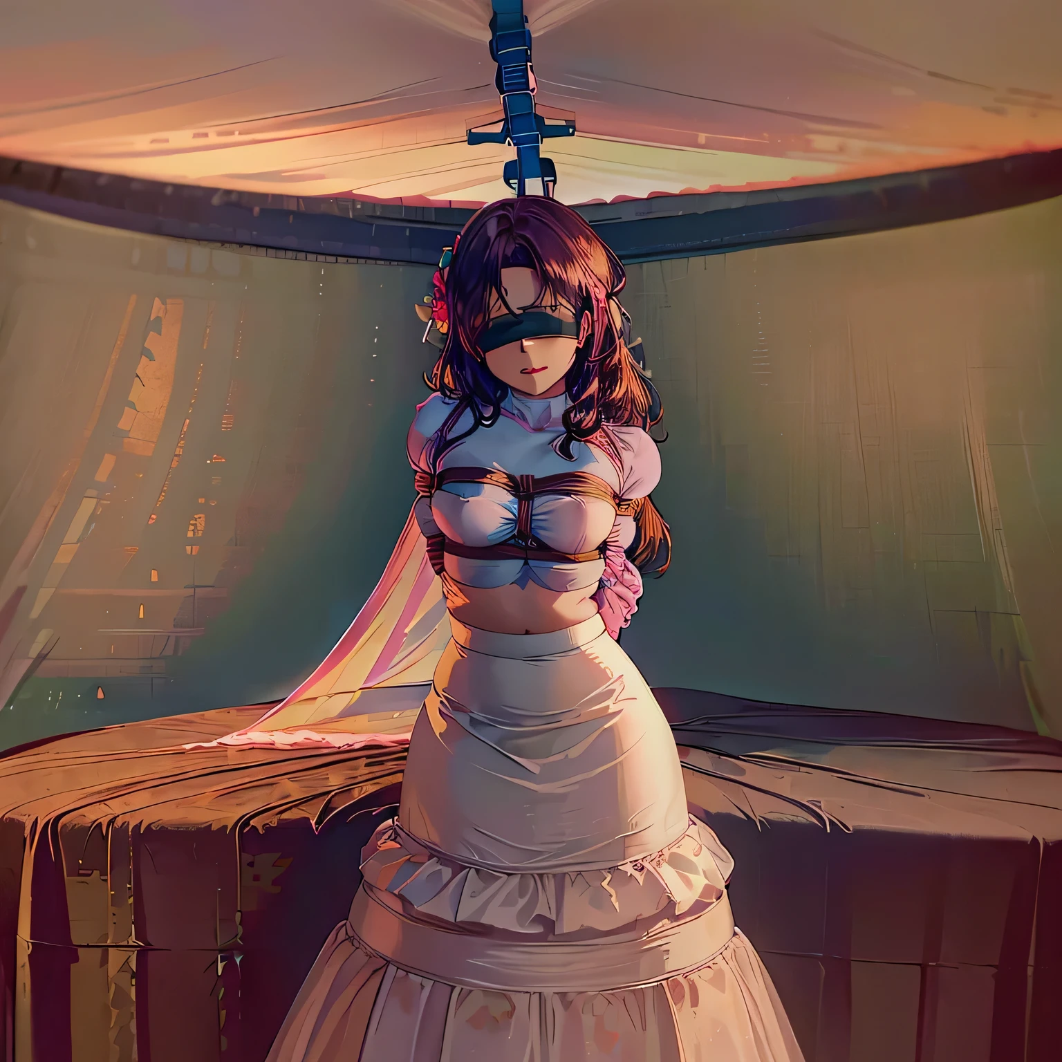 1girl,(bright lighting,romantic setting),dreamy background,,dark hair, mesmerizing gaze, , soft skin, alluring beauty, artistic portrait, high-quality image, vibrant colors,long pink floral sheer skirt, mosquito net, romantic bedroom, sidesuspension,solobound,blindfold,gag