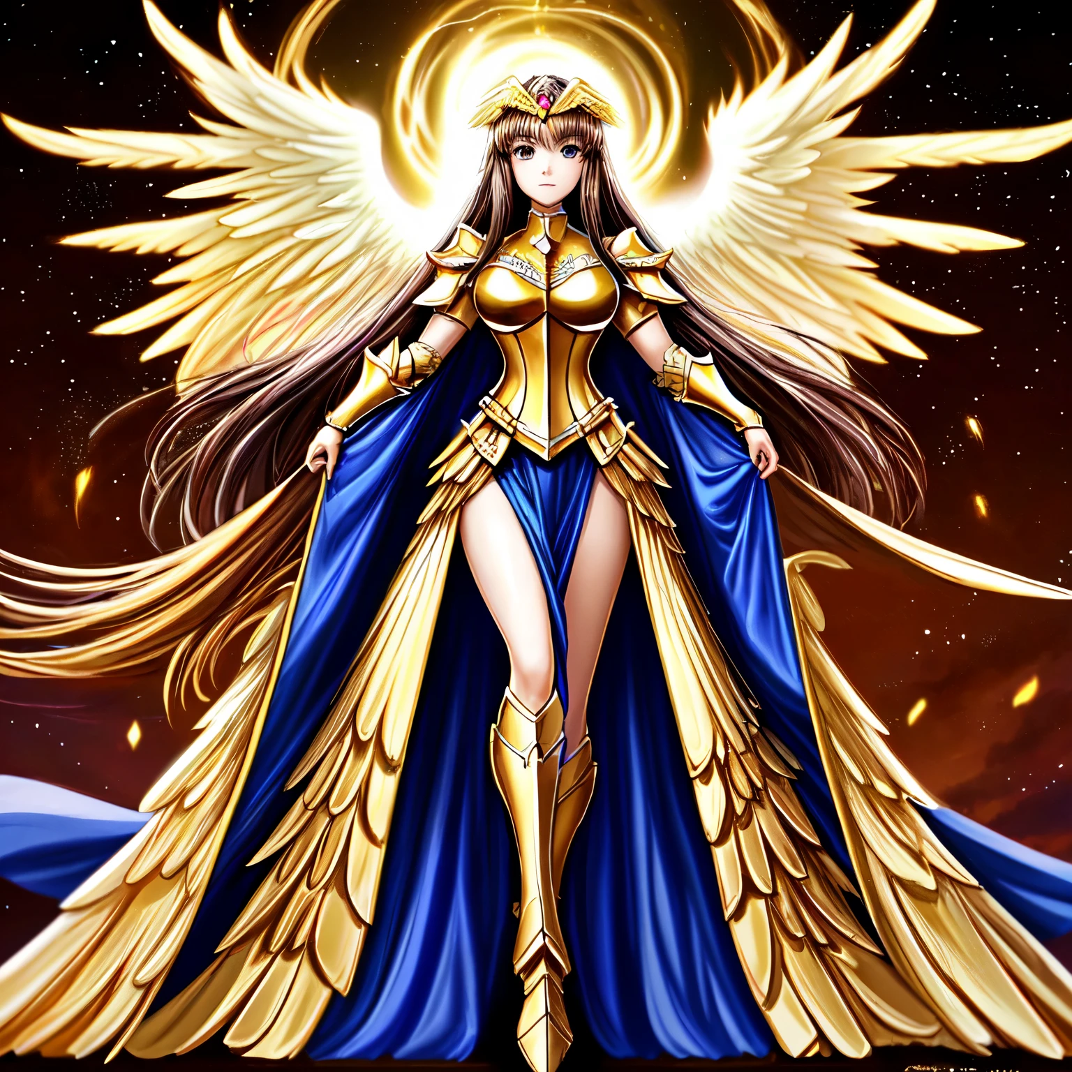 best quality, extremely beautiful, beautiful face, angel woman, two huge golden wing, revealing armor with open front skirt, very long dark hair