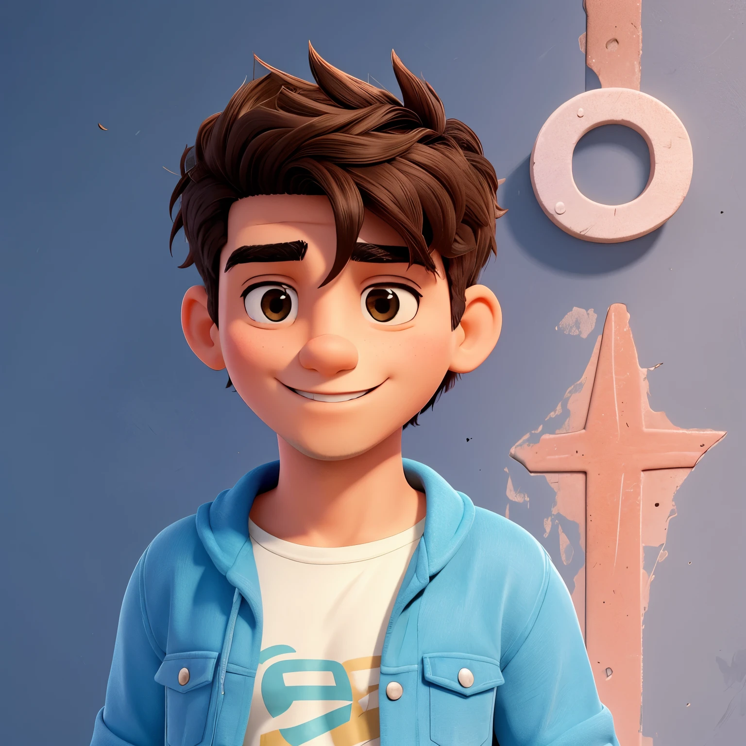 a happy cute kid standing short hair, wearing a space fantasy, with a red t-shirt with the name ZAIK, white background, barnet, Tom, Pixar Style, ....3d, animated designs, detailed face, asymmetrical 16k