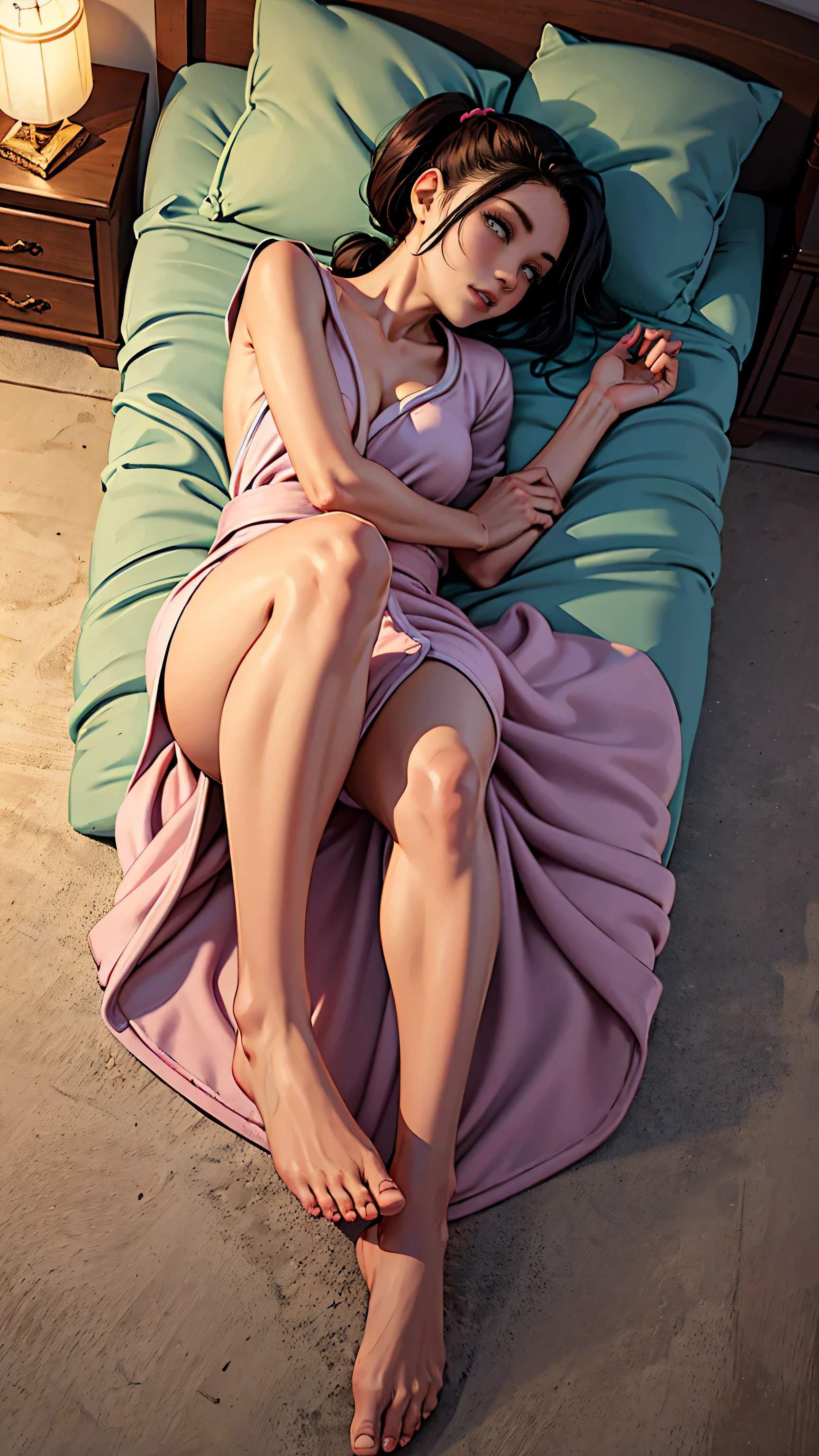 Masterpiece, high detailed, 1Woman, ponytail, full body, feet visible, (largue dressing gown), in her bedroom, ((from above)), nude, (((lying down on side))), A small goblin that captures