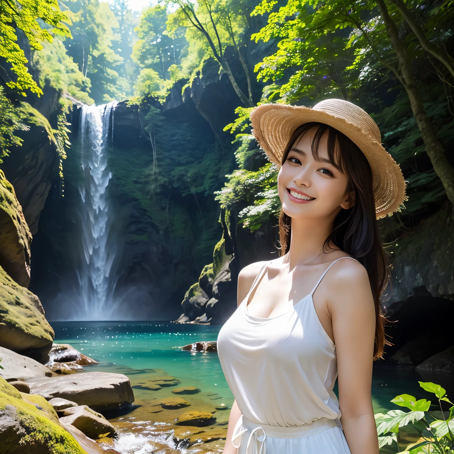 (highest quality、masterpiece、8K、Highest image quality、hyper realism、Award-winning work)、(1 woman:1.3)、(Photographs of people:1.3)、hat、(Feminine tank top shirts for women:1.1)、(Damage shorts:1.1)、standing elegantly、huge waterfall、beautiful spectacular waterfall、Sparkling water、Light fog、blurred background、detailed and intricate forest、In a mysterious and majestic forest、many beautiful trees々、big rock、rock wall、Majestic nature、A woman in the majestic forest、beautiful sunlight filtering through the foliage、beautiful clear water、the biggest smile when you look at me、upper body photo、accurate anatomy、natural makeup、Super high-definition glossy skin、Super high-definition glowing beautiful skin、Ultra high definition glossy lips、Super high definition beautiful teeth
