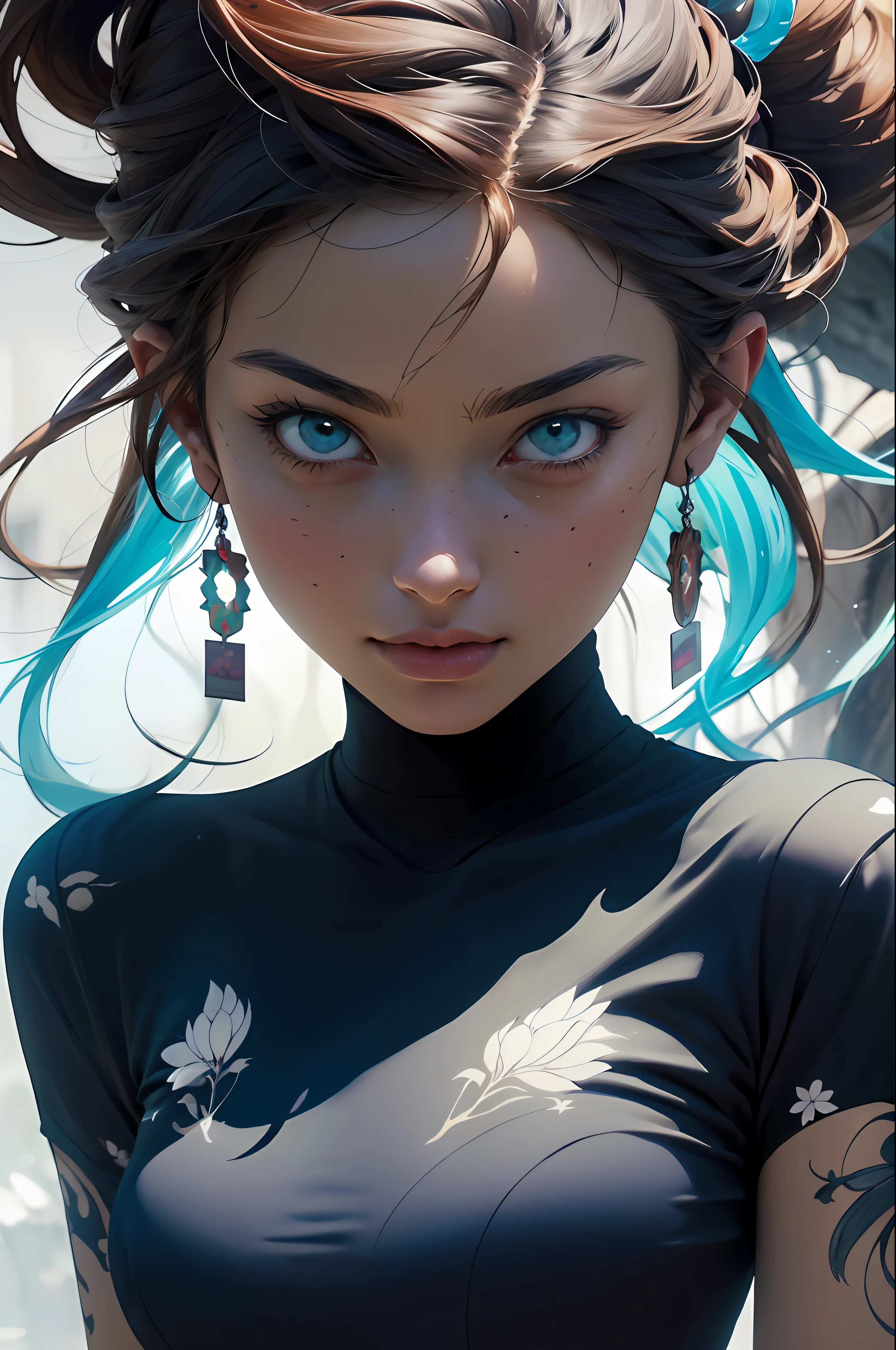 (((masterpiece))), (((best quality))), ((ultra-detailed)), (hyperrealistic), (highly detailed CG illustration), ((an extremely delicate and beautiful)),cinematic light, Create a stunning anime artwork that is currently trending on ArtStation, showcasing exquisite beauty and captivating aesthetics. The art piece should be highly detailed, featuring a compelling character and a visually appealing environment. The character in the artwork is a graceful and enchanting figure, radiating an aura of elegance. Pay close attention to intricate facial features, such as mesmerizing eyes with vibrant colors and delicate shading. The character's clothing should be designed with elaborate patterns, flowing fabrics, and rich textures, reflecting a blend of fantasy and contemporary fashion. Place the character in a captivating environment that enhances the overall appeal of the artwork. It could be a breathtaking natural landscape, a bustling futuristic cityscape, or a mystical realm filled with magical elements. Incorporate vibrant colors, dynamic lighting, and detailed background elements to create a sense of depth and immersion. Consider the latest trends in anime art, such as incorporating unique lighting effects, exploring creative composition techniques, or experimenting with unconventional color palettes. Take inspiration from the top artists on ArtStation and their exceptional execution of various art styles and themes. Camera: Choose an angle that highlights the character's beauty and the immersive environment. Lighting: Utilize atmospheric lighting techniques to create depth and mood. Resolution: Aim for a high-resolution artwork to showcase intricate details and clarity. Art Inspirations: Seek inspiration from the trending artists on ArtStation, exploring different styles, genres, and themes.