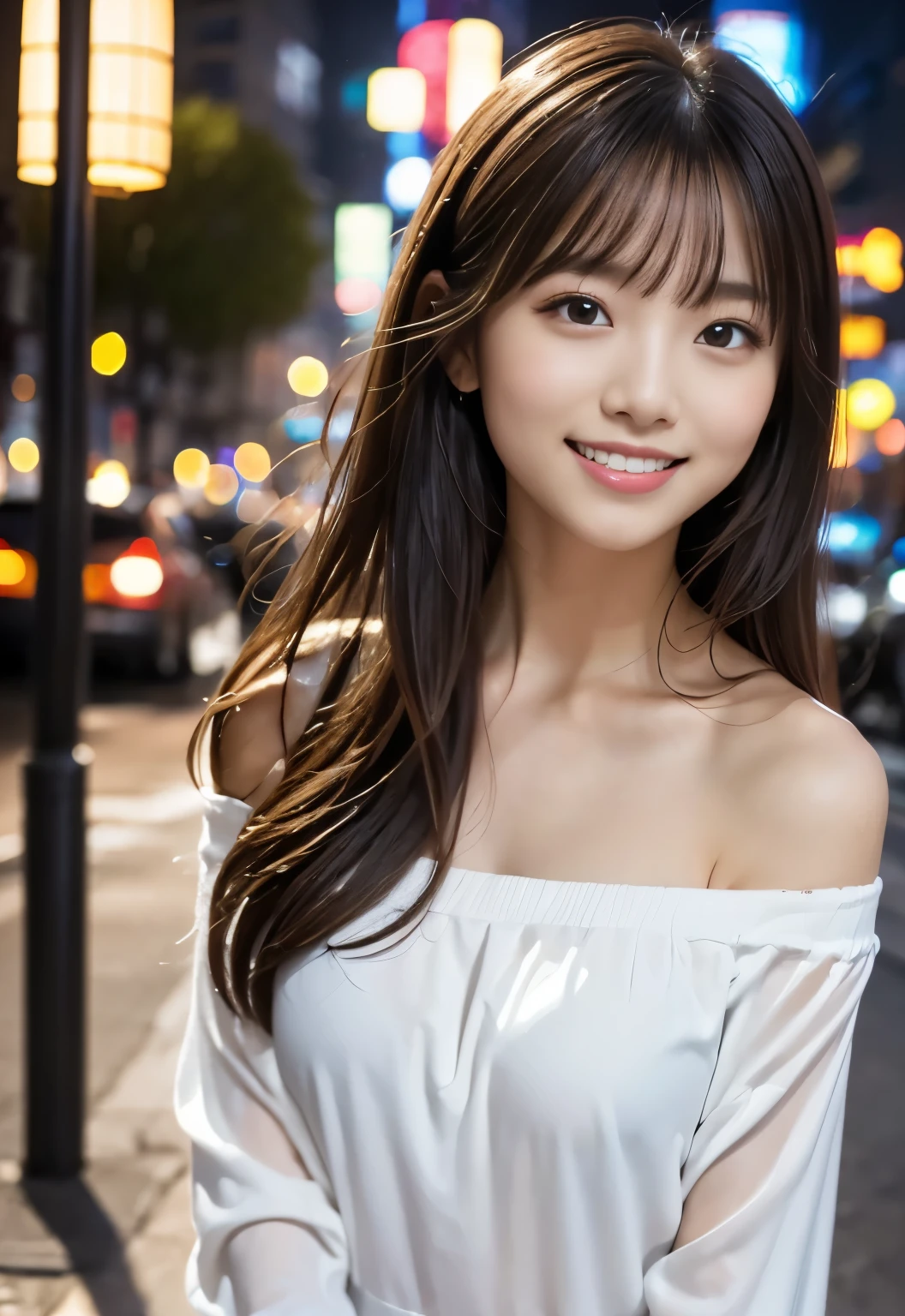 ((City of night:1.3, outdoor, Photographed from the front))), ((long hair:1.3,White off-shoulder blouse,Smile,japanese woman,cute)), (clean, natural makeup), (highest quality, masterpiece:1.3, 超High resolution), (Super detailed, caustics), (realistic:1.4, RAW shooting), very detailed, High resolution, 16K resolution