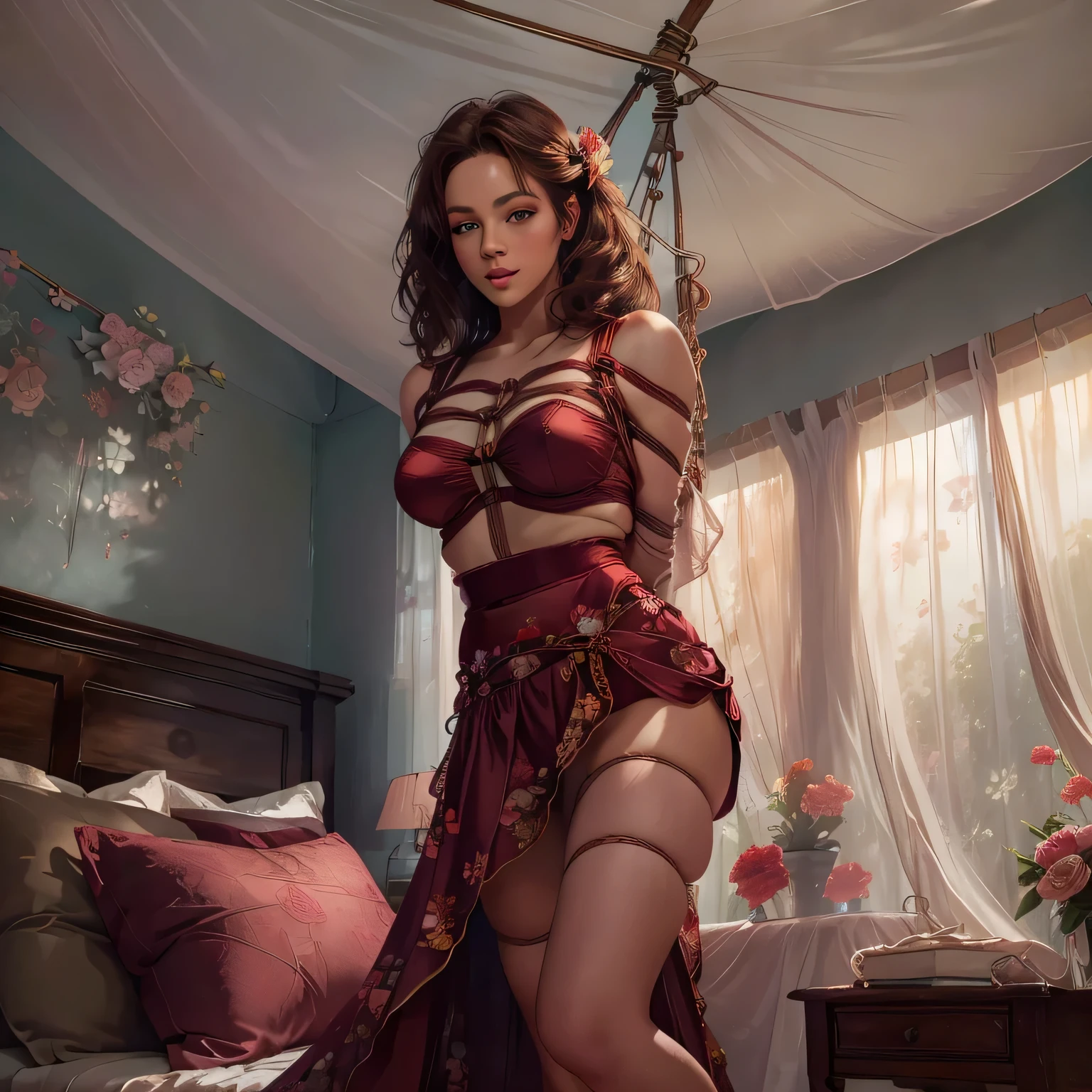 1girl,(bright lighting,romantic setting),dreamy background,,dark hair, mesmerizing gaze, , soft skin, alluring beauty, artistic portrait, high-quality image, vibrant colors,long red floral satin skirt, mosquito net, romantic bedroom, sidesuspension,solobound,veil,barefoot