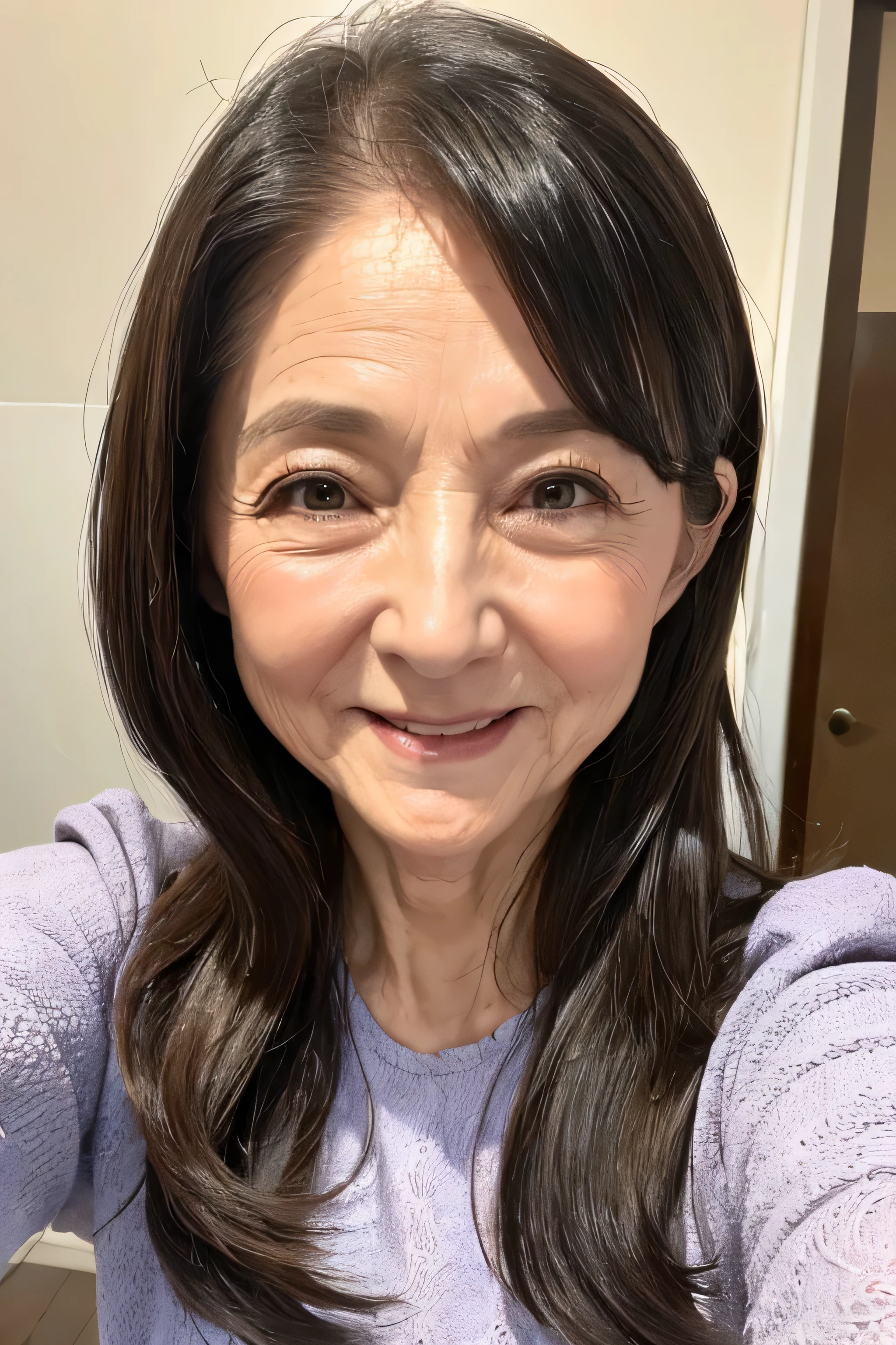 (Masterpiece:1.4),(67-year-old woman:1.4),(Wrinkles on the face1.2),smile,long wave hair,