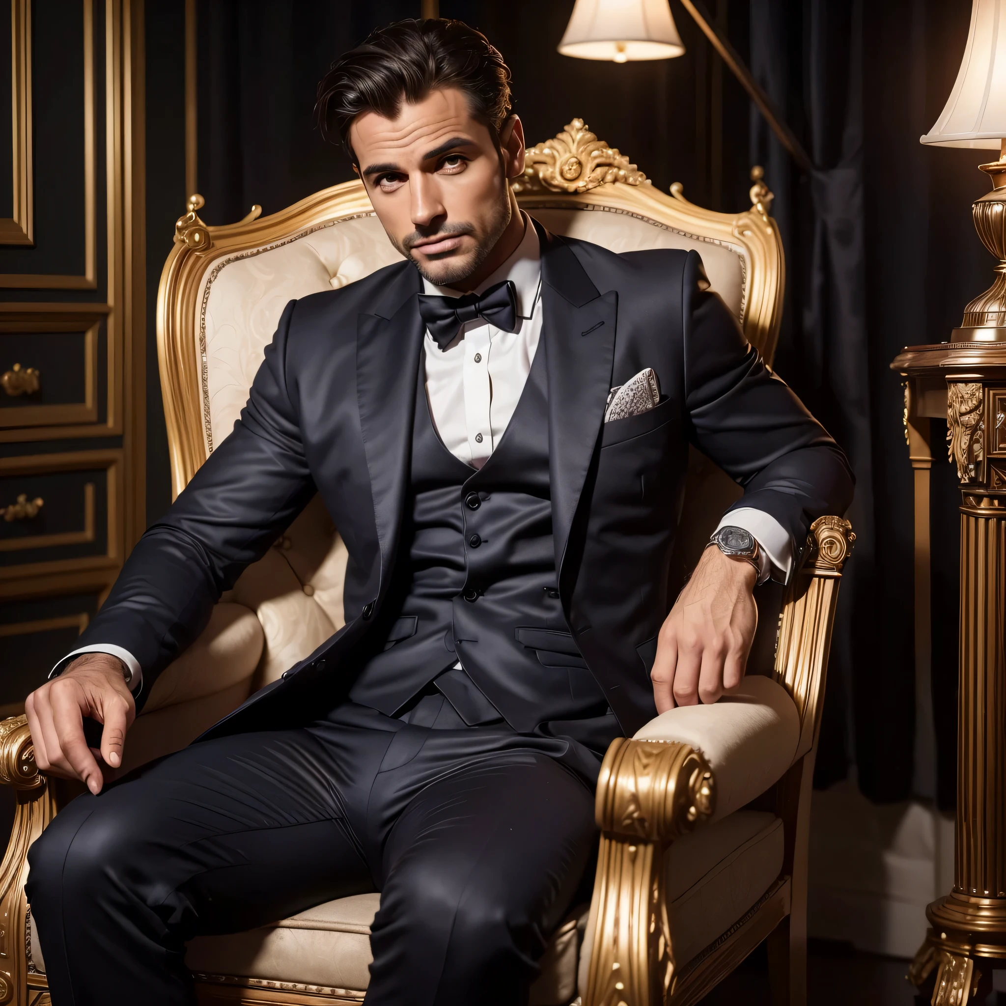 (Best quality:1.5), 8 k, high quality, realistic, detailed, (European appearance), man at night, sits in a large armchair, in a completely dark room, in a dark suit, beautiful facial features, tanned skin, strong build, 1 picture behind, 1 lamp on the left, Photorealistic style.